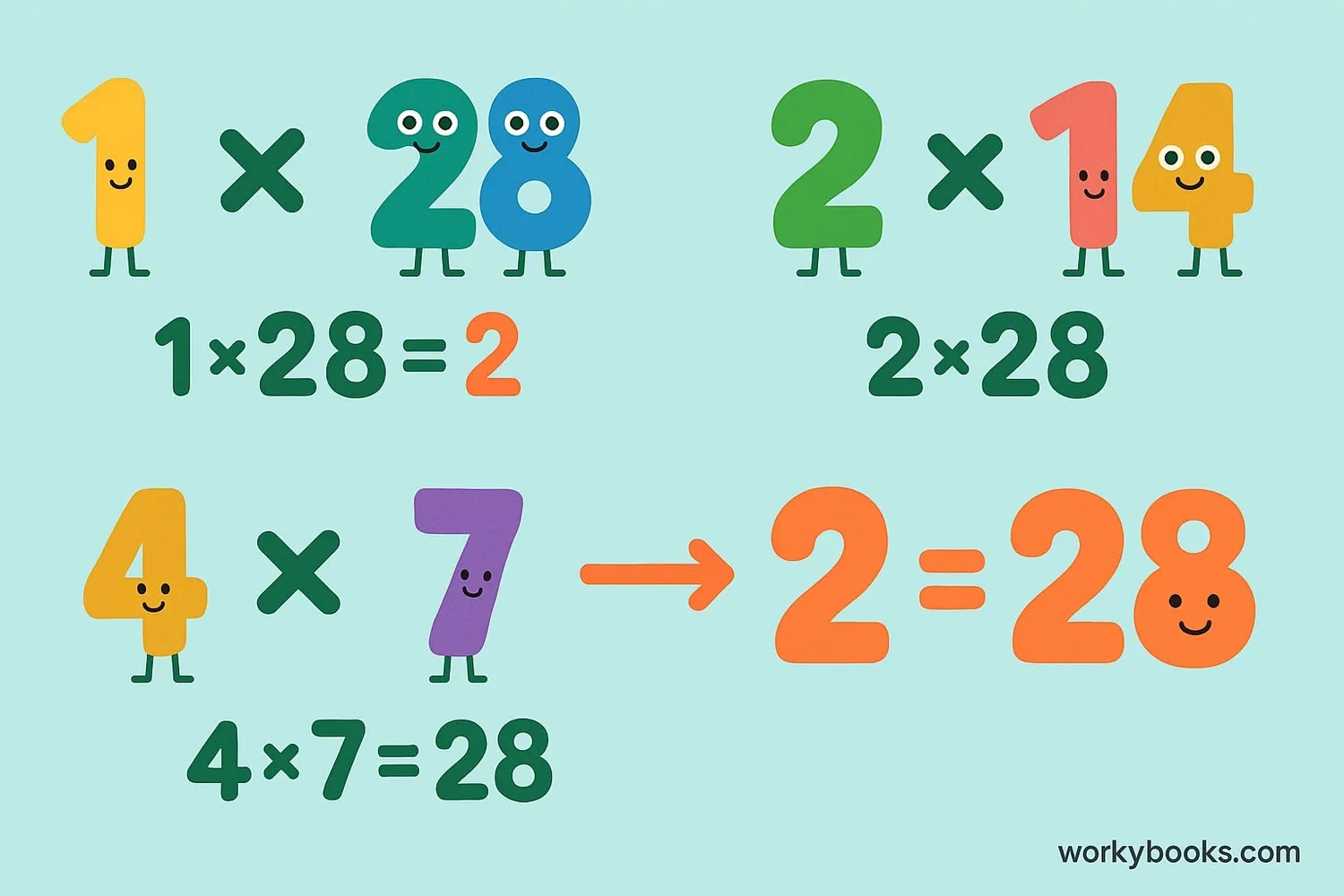 Chart of factor pairs of 28