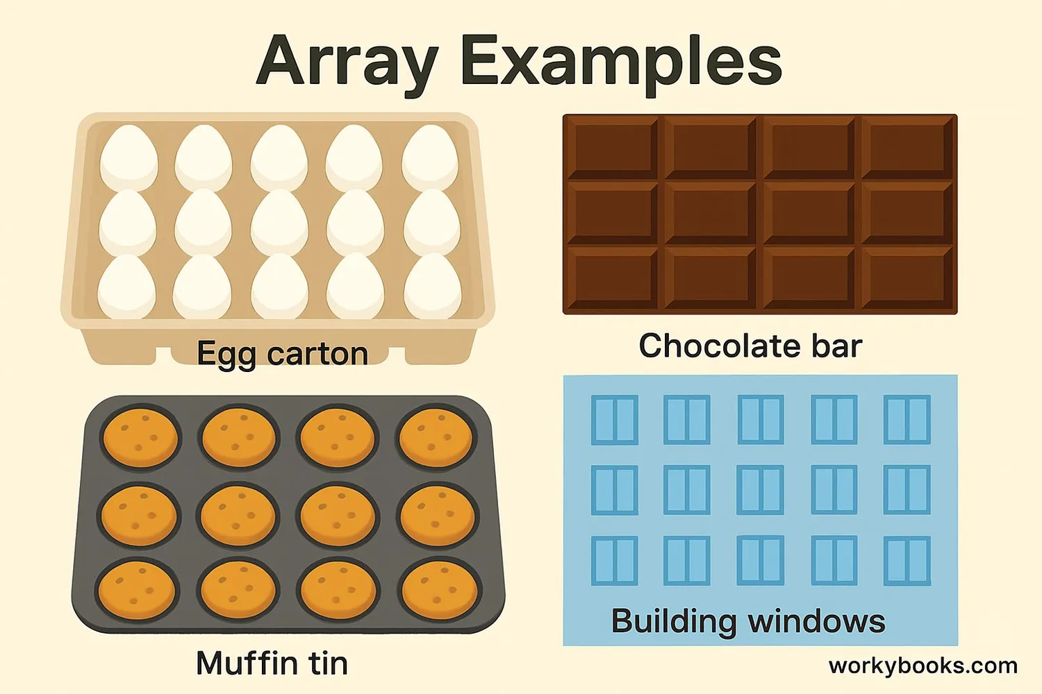 Examples of real-world arrays: egg carton, chocolate bar, calendar
