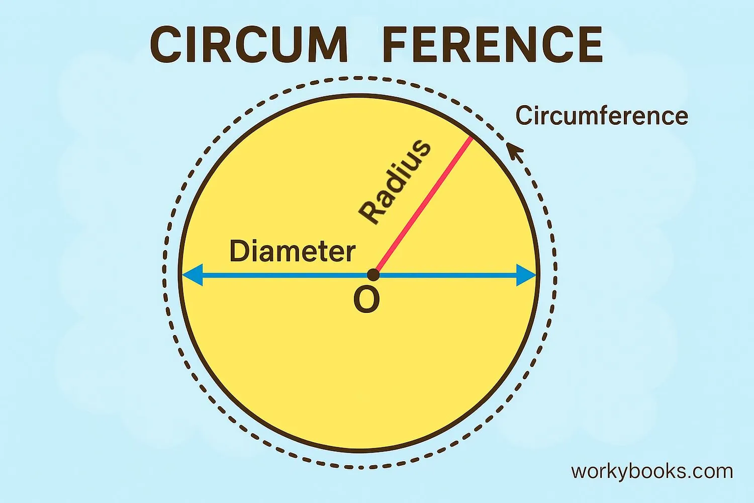 Illustration showing a circle with a dotted line around its edge representing the circumference.