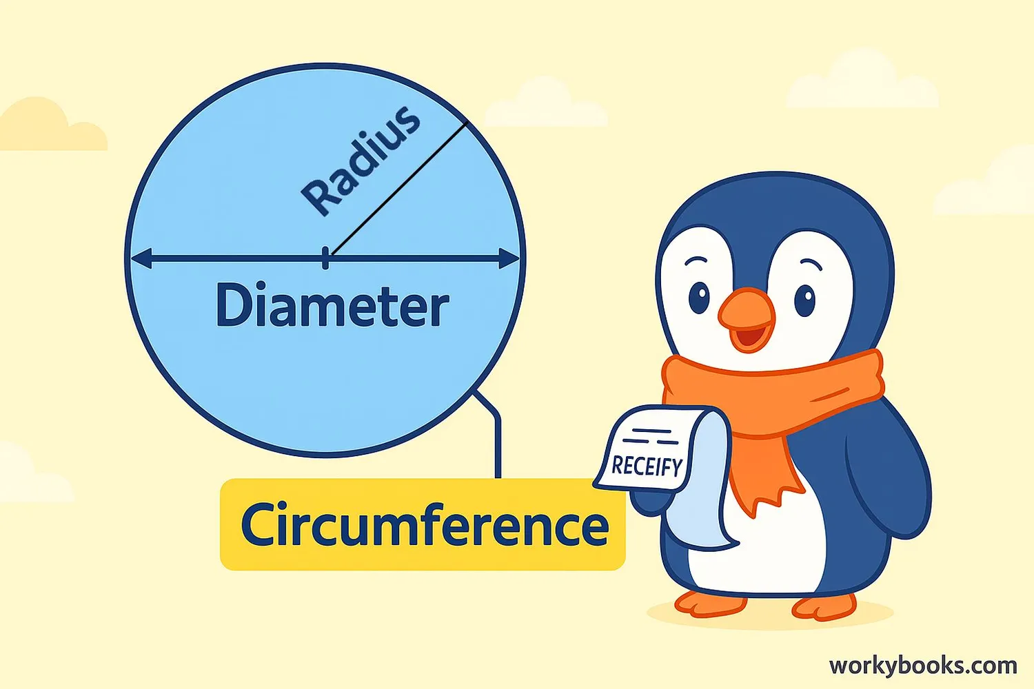 Diagram of a circle with labels showing radius, diameter, and circumference.