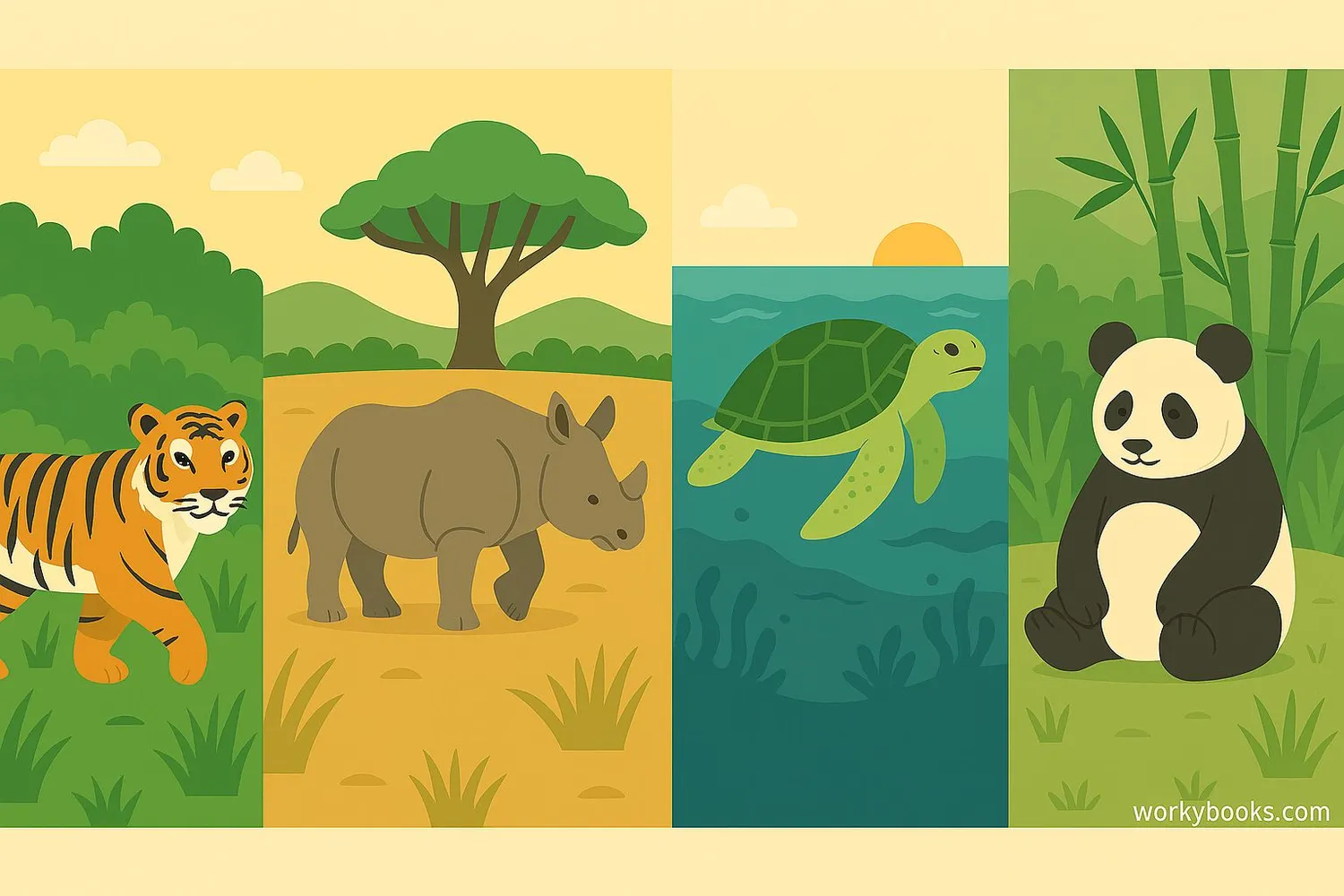 Endangered animals including tiger, rhino, and sea turtle