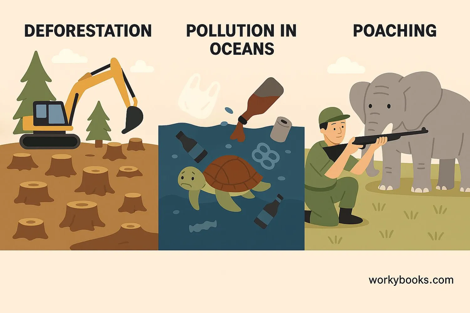 Threats to wildlife including deforestation, pollution, and poaching