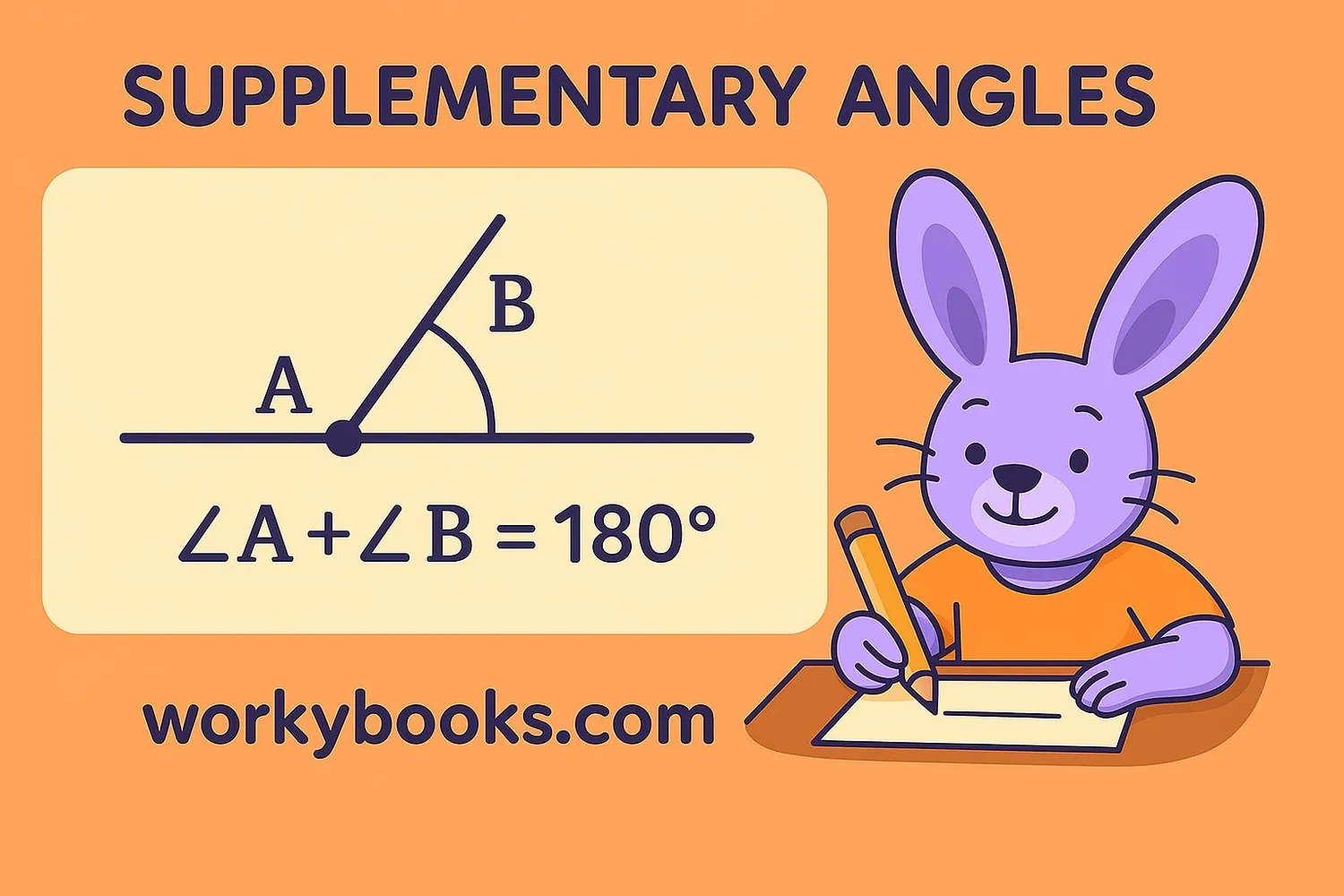 Two adjacent angles measuring 120° and 60° forming a straight line, labeled ∠A and ∠B. Equation shown: ∠A + ∠B = 180°
