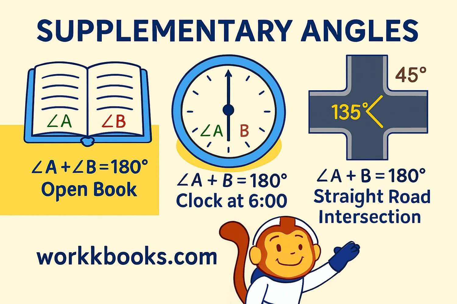 An educational illustration showing real-life supplementary angles: an open book with covers forming two angles, a small clock at 6:00 with hands forming a straight line, and a road intersection with angles labeled 135° and 45°.