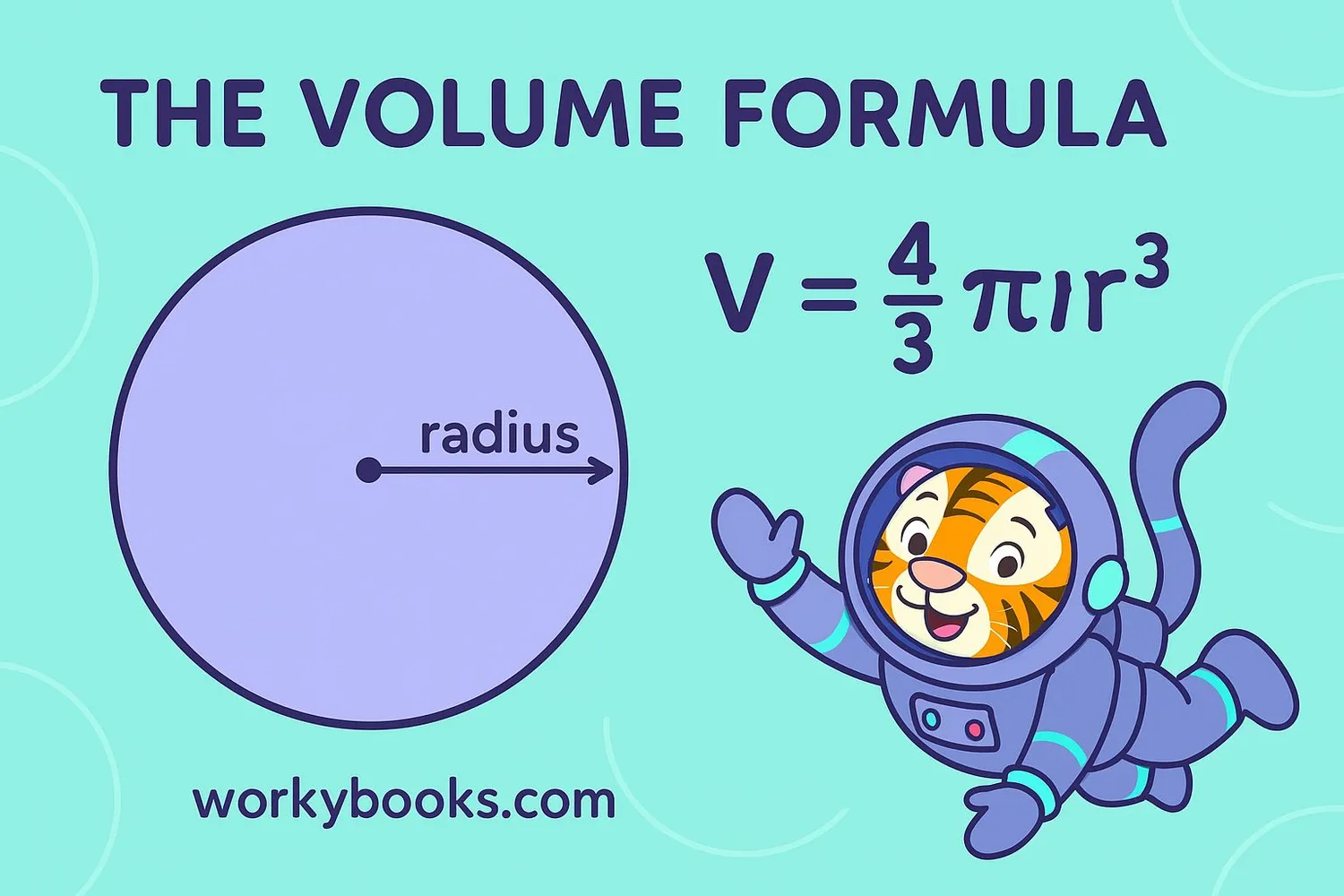 Visual representation of sphere radius and volume calculation, shown with cartoon helper