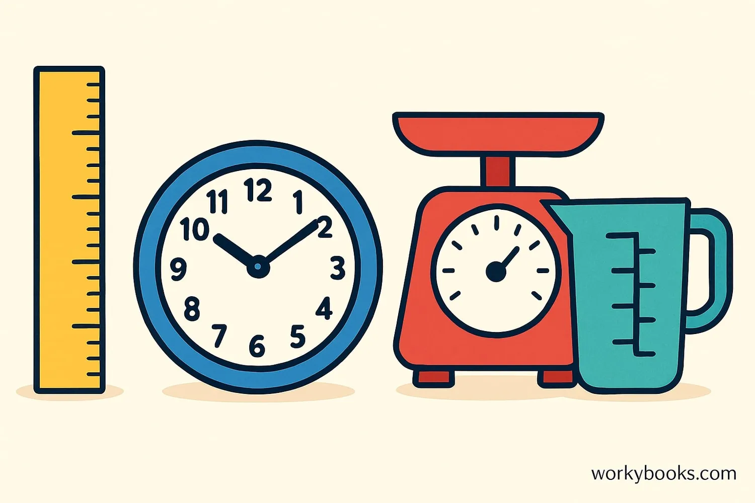Collection of measurement tools: ruler, scale, measuring cup and clock