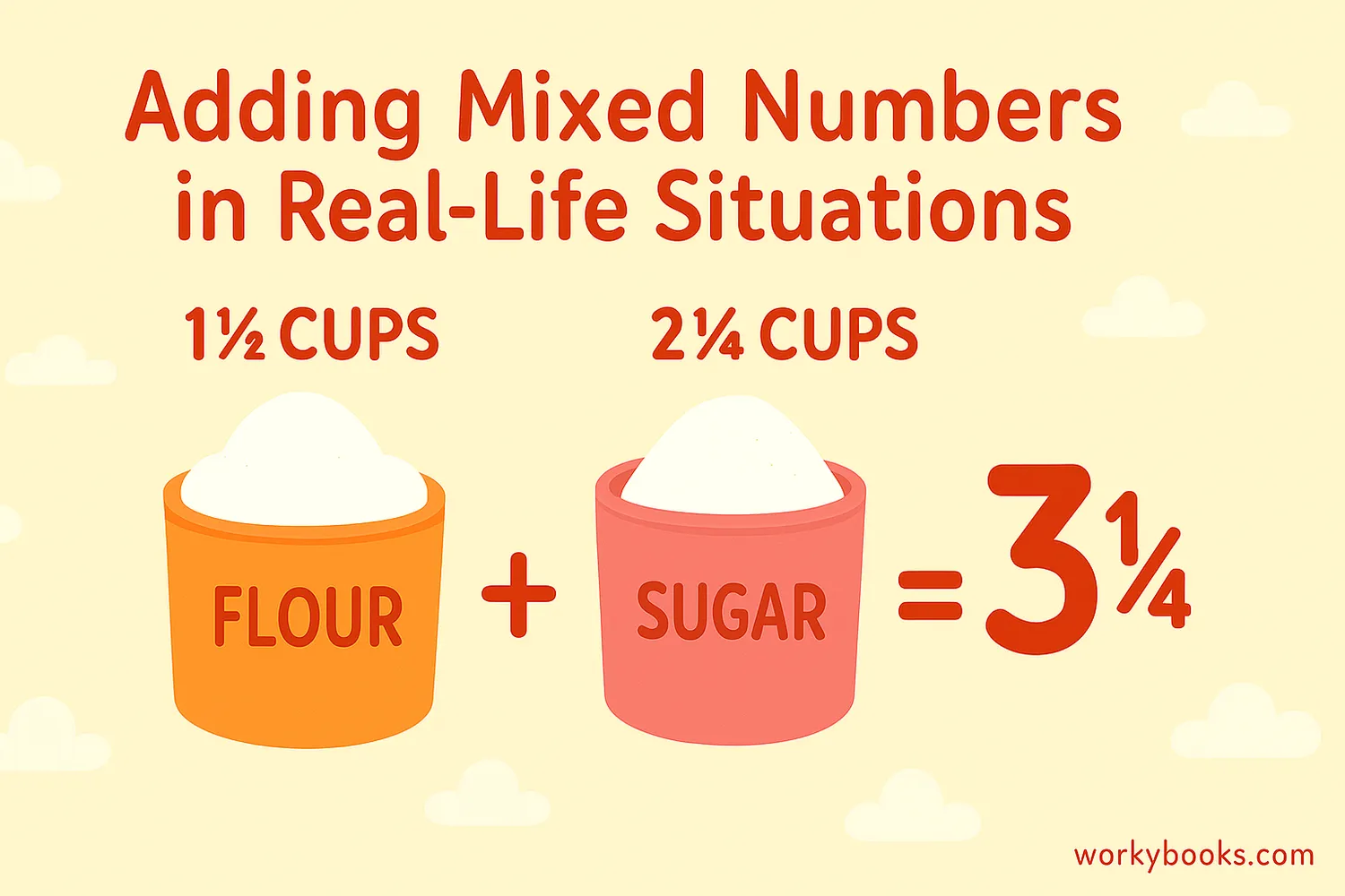 Visual representation of adding mixed numbers using measuring cups