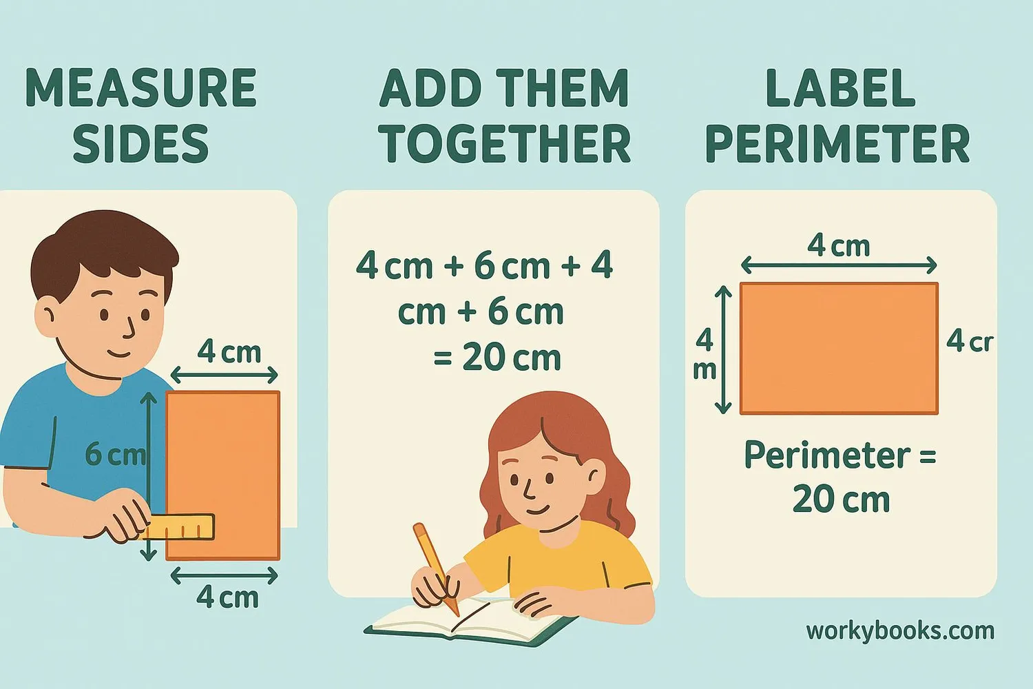 Step-by-step visual guide showing perimeter calculation