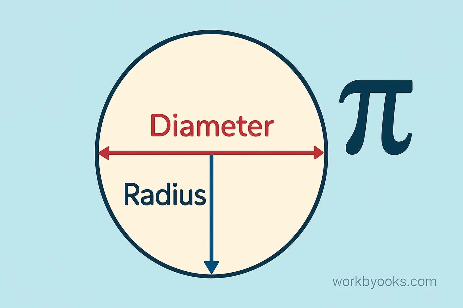 Diagram showing circle with diameter and radius labeled, and the pi symbol