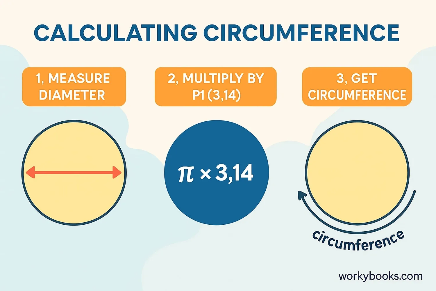 Step-by-step diagram showing how to measure diameter and calculate circumference