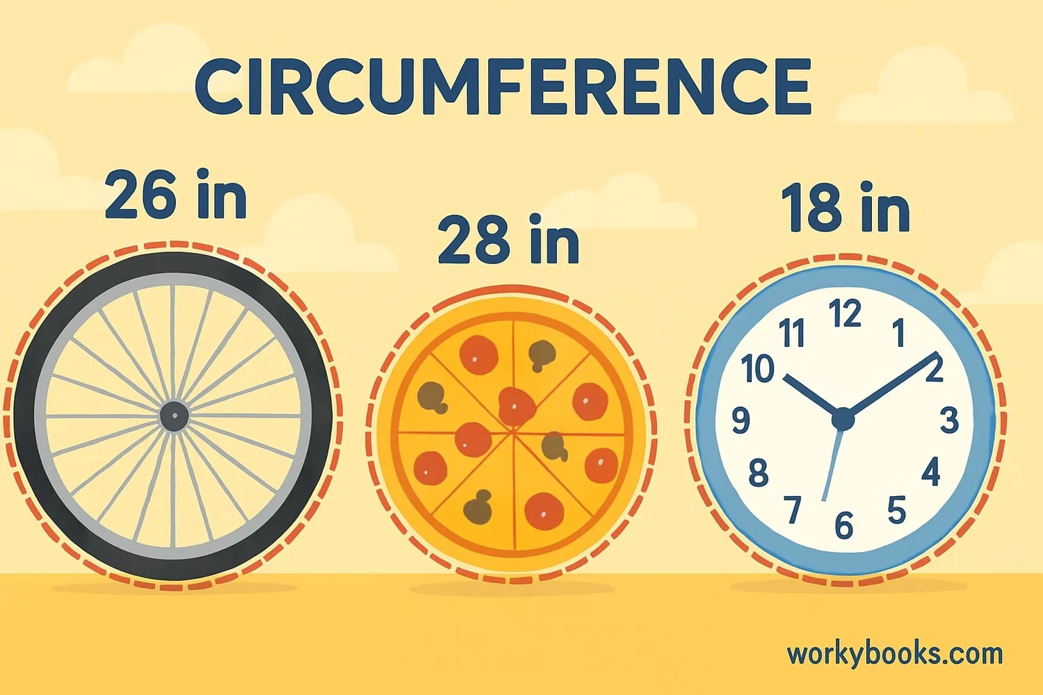 Various circular objects with their circumference measurements shown