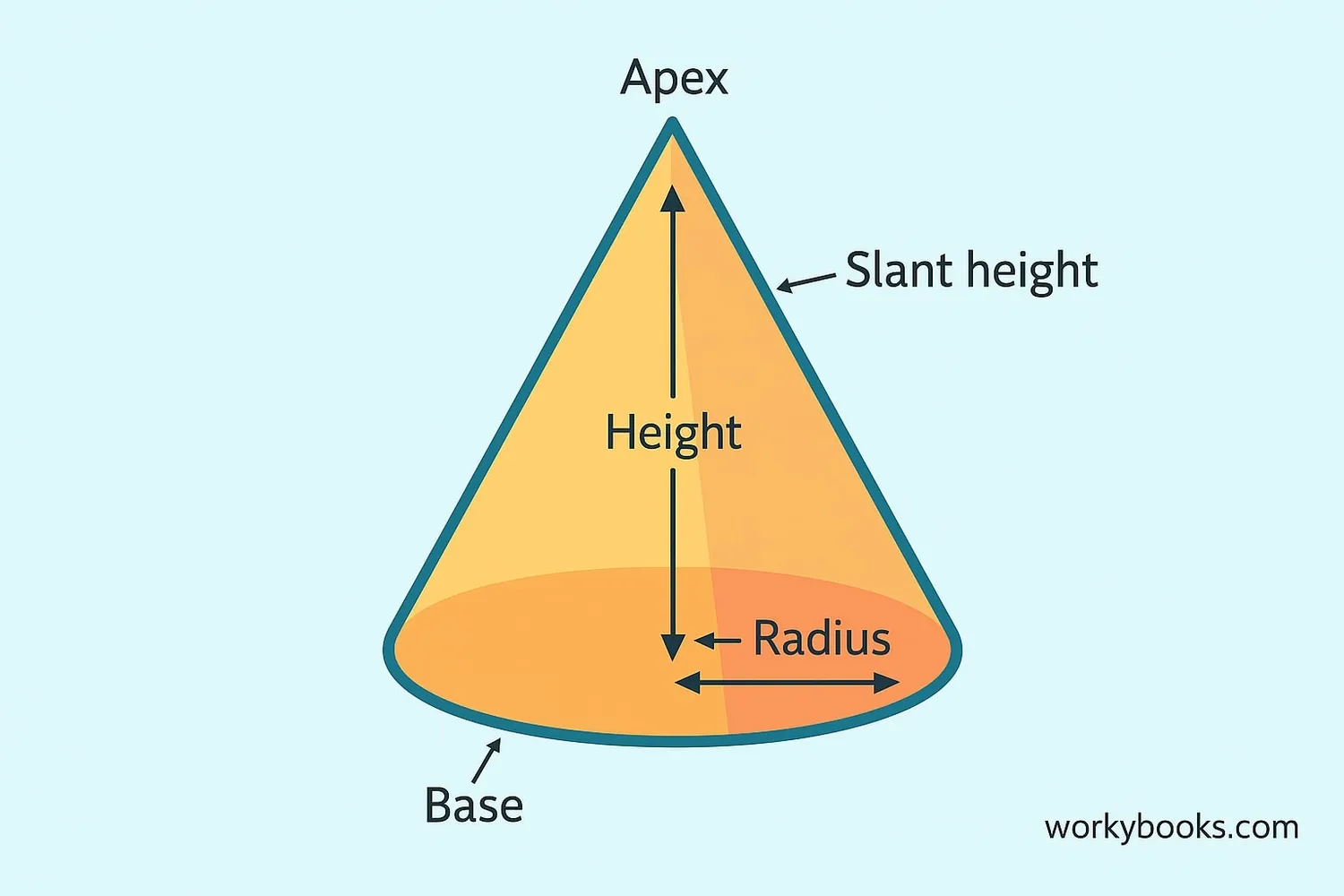 Diagram showing parts of a cone: apex, base, height, radius, and slant height