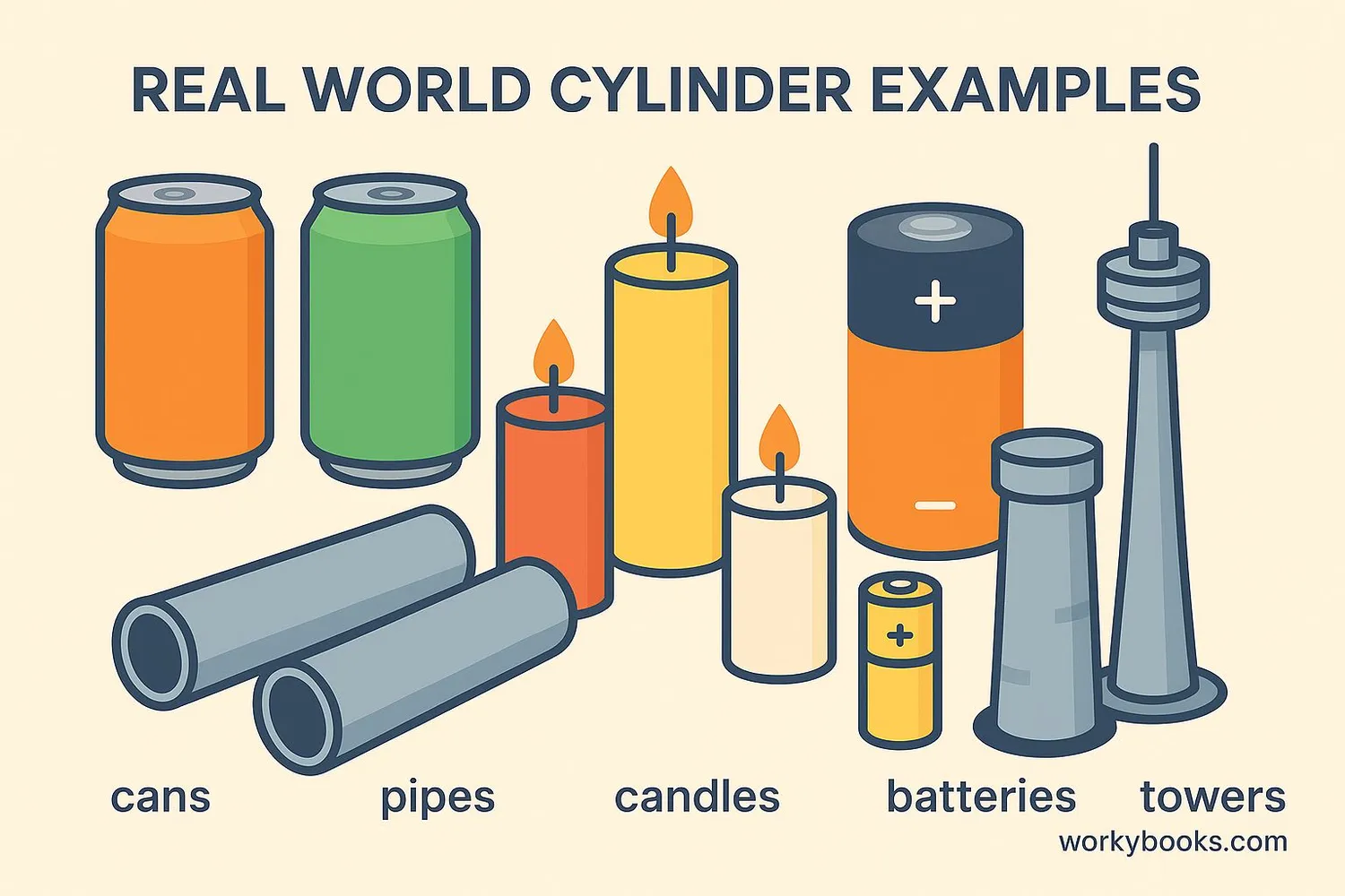 collage of common cylindrical objects: cans, pipes, candles, batteries, and towers
