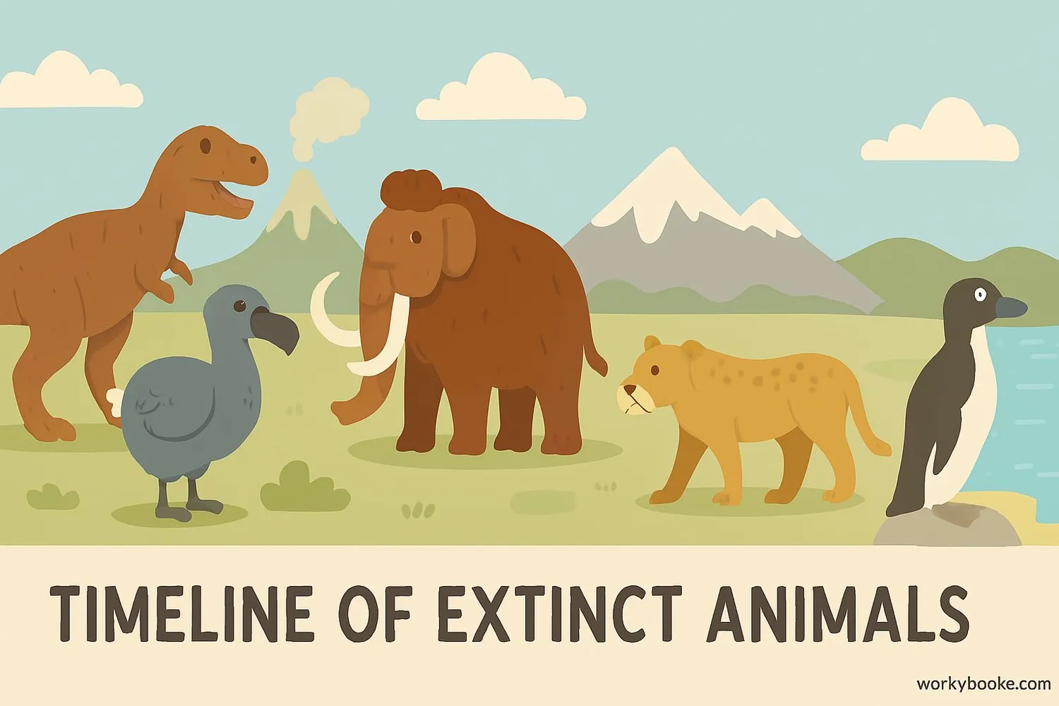 Illustration showing extinct animals like dinosaurs, dodo birds, and woolly mammoths in their natural habitats