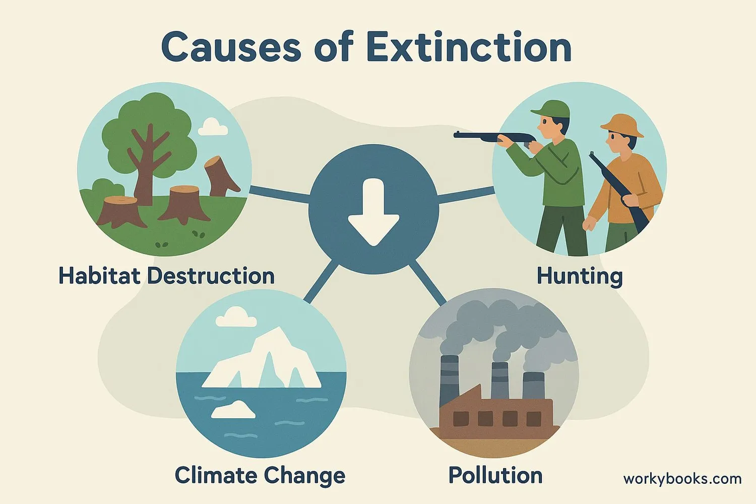 Diagram showing different causes of extinction including habitat destruction, hunting, climate change, and pollution