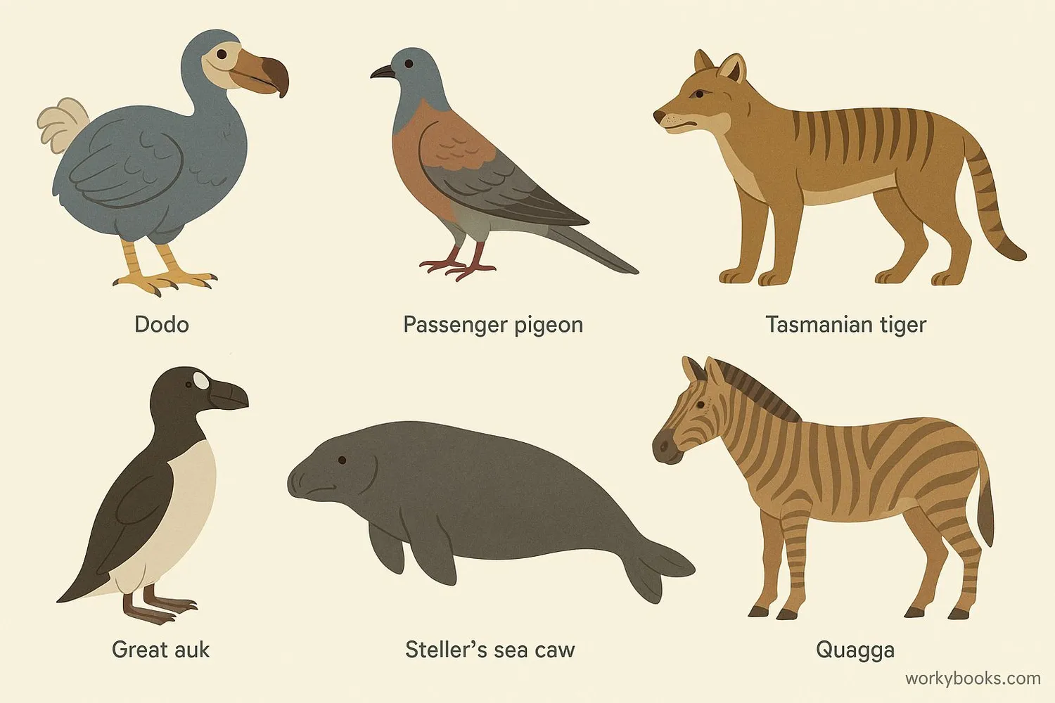 Illustration of six famous extinct animals