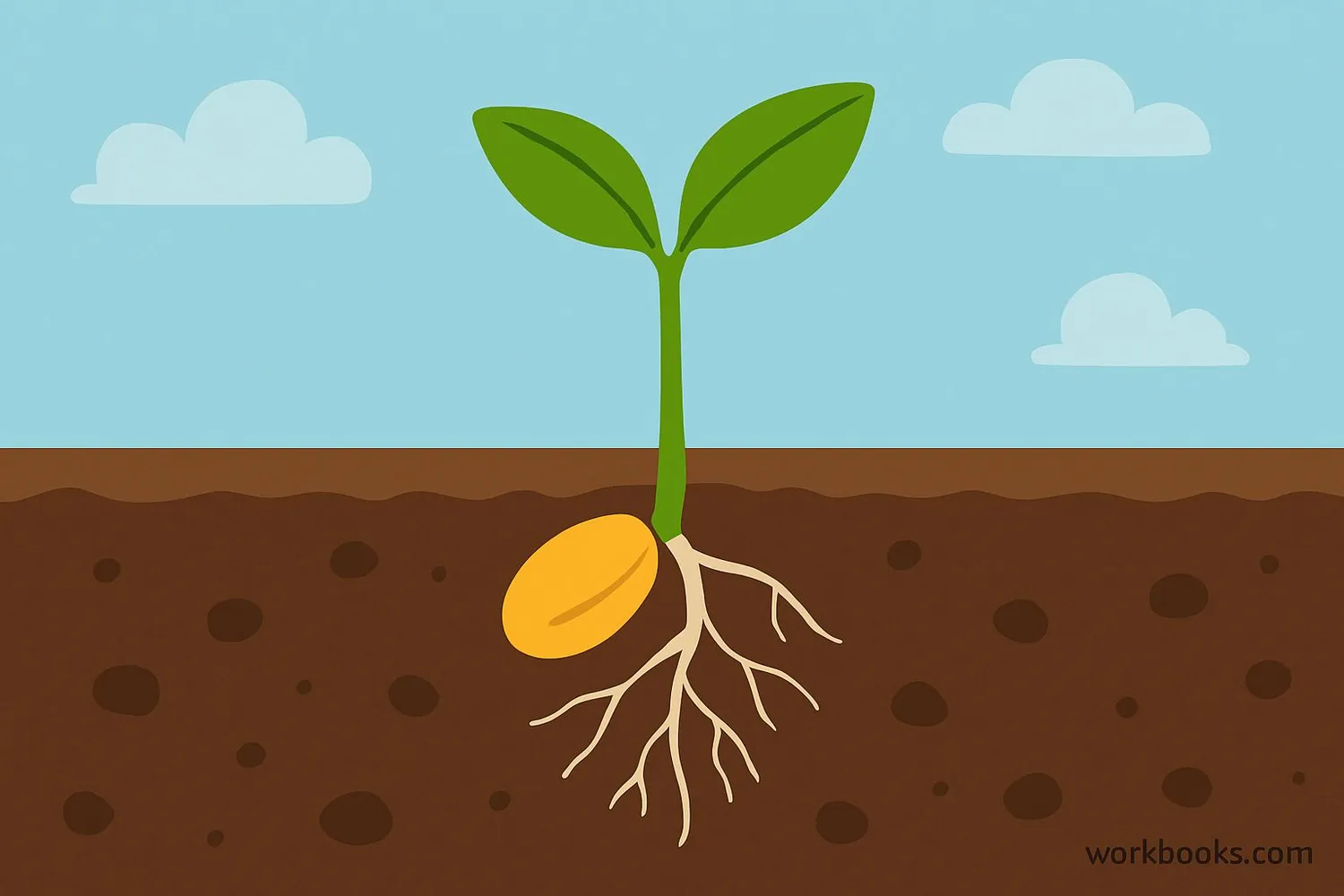 Seed sprouting with roots and stem emerging