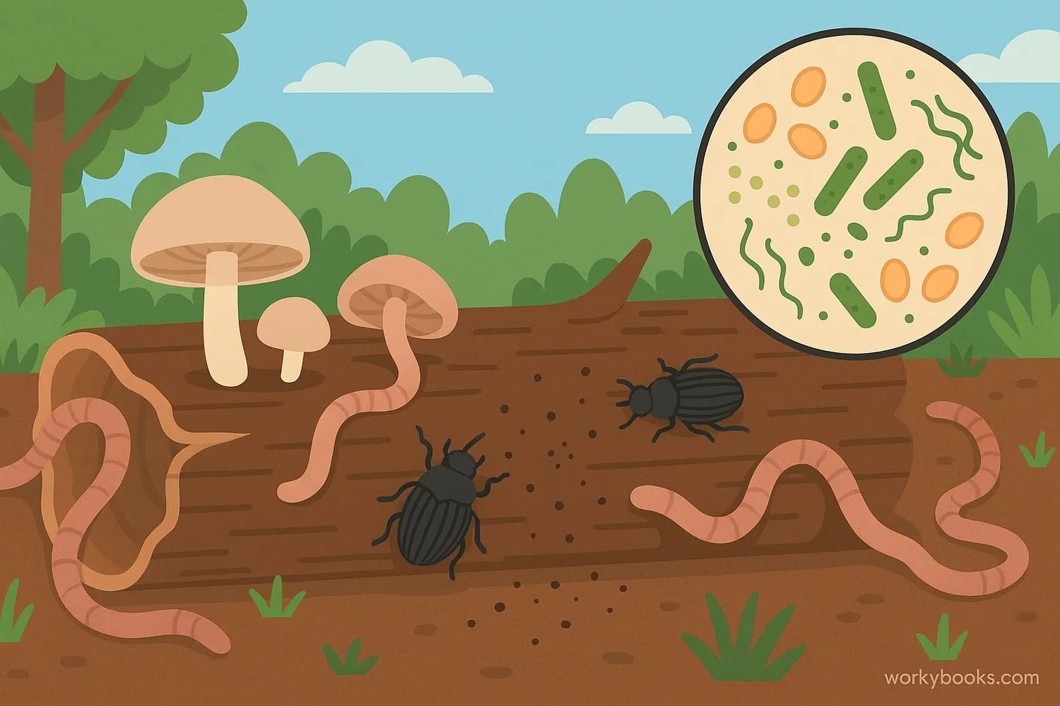 Visual representation of decomposers: Mushrooms, worms, and bacteria breaking down a fallen log in a forest