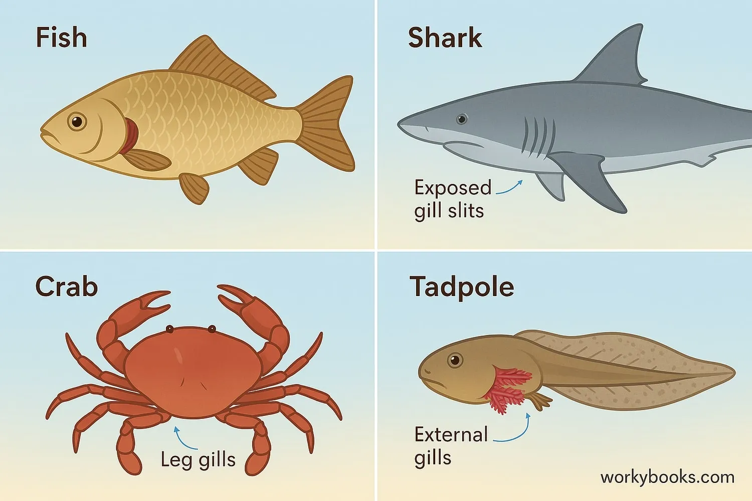 Illustration showing different types of gills in various aquatic animals