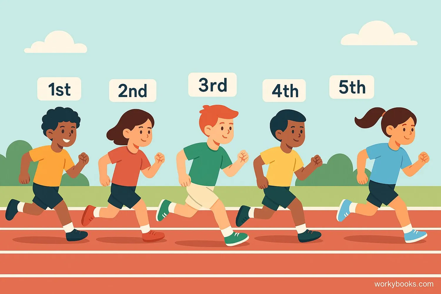 Visual explanation of ordinal numbers showing positions in a race