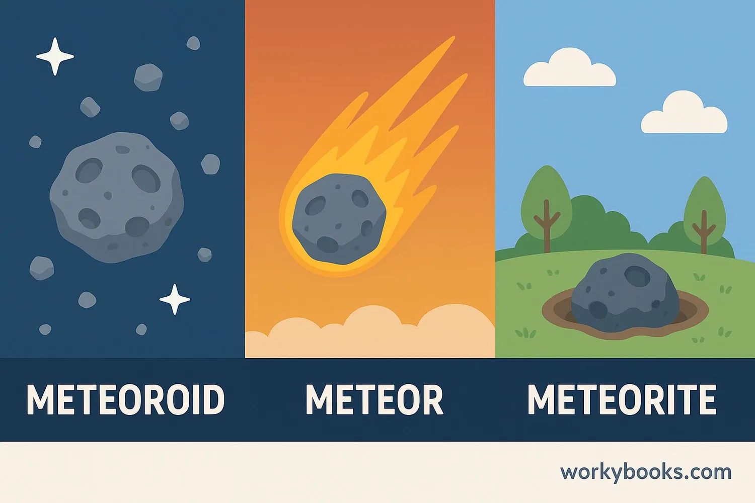 Diagram showing the difference between meteoroids, meteors, and meteorites