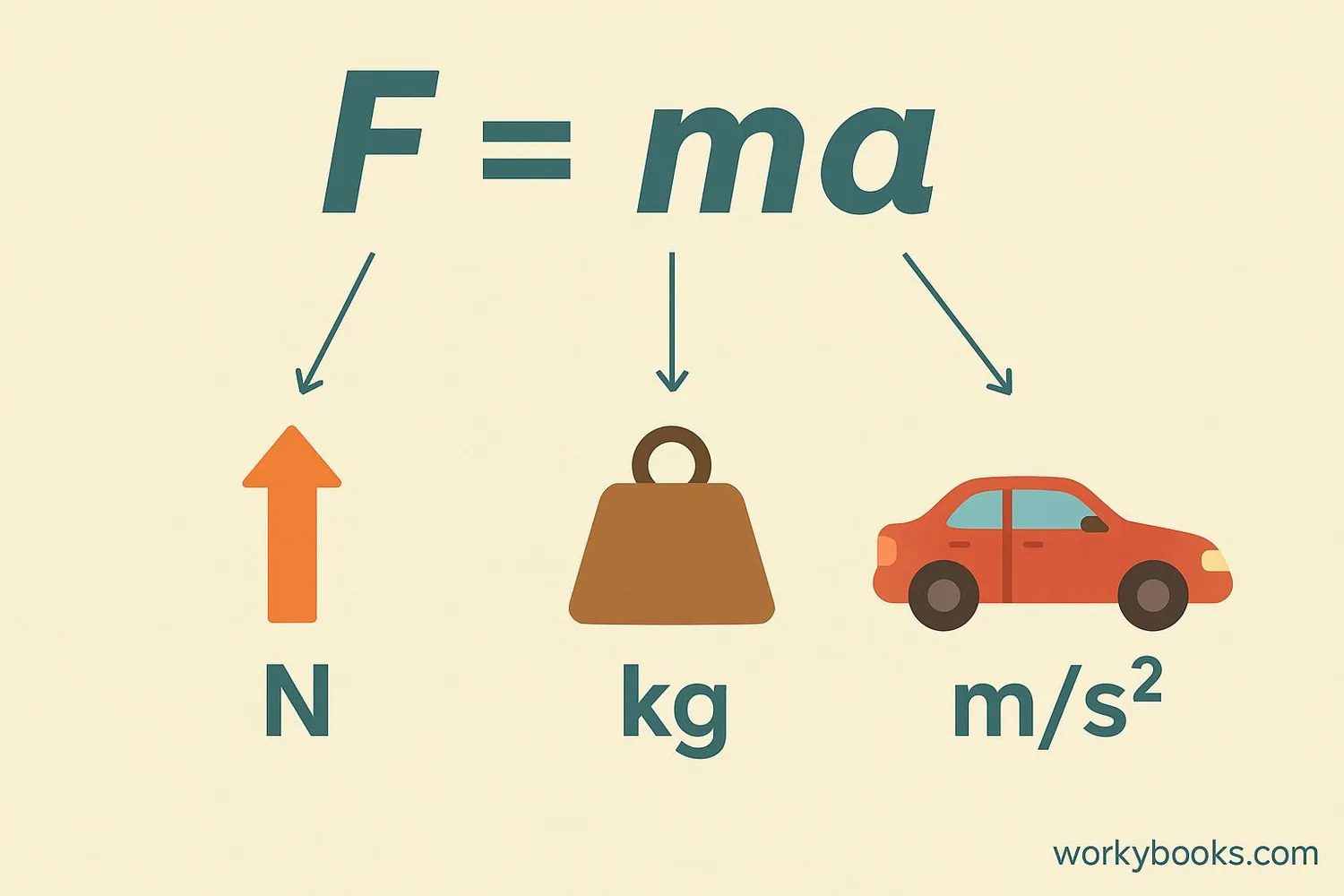 Diagram showing the mathematical relationship F=ma with force, mass, and acceleration labeled