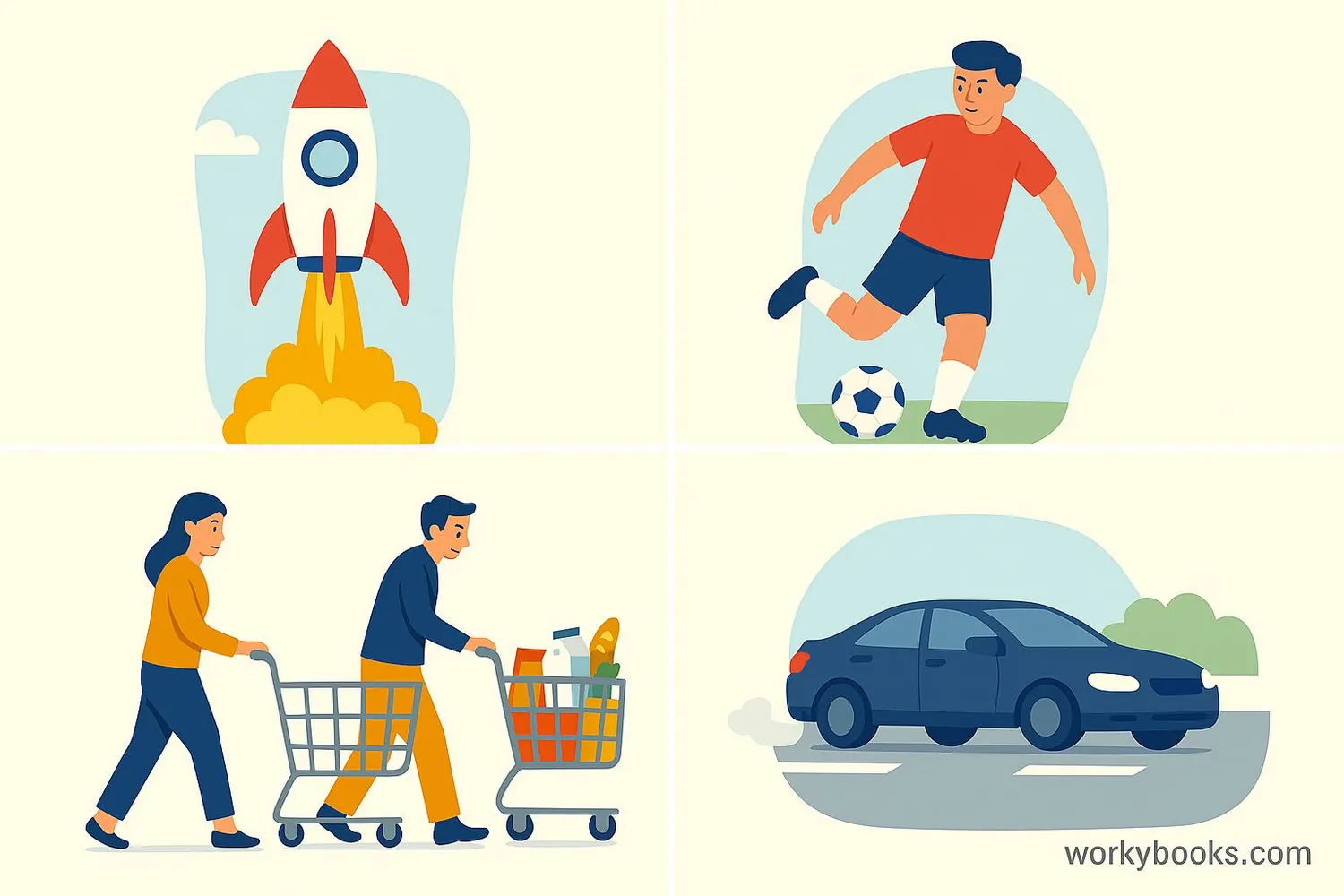 Collage of real-world examples of Newton's Second Law