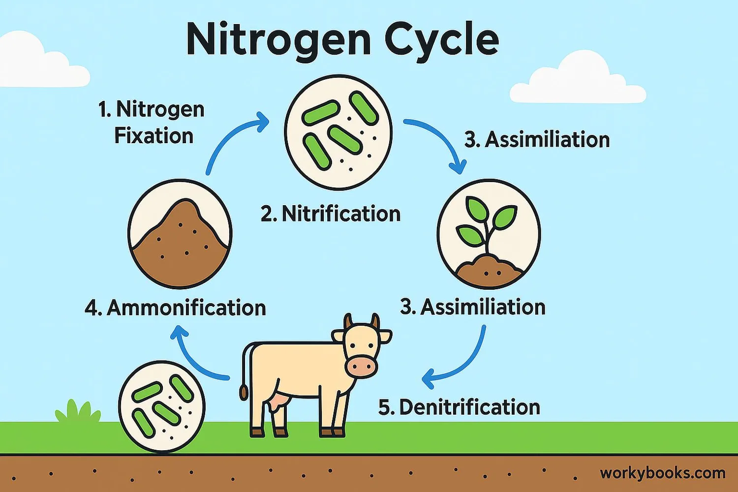 Diagram showing the five main steps of the nitrogen cycle