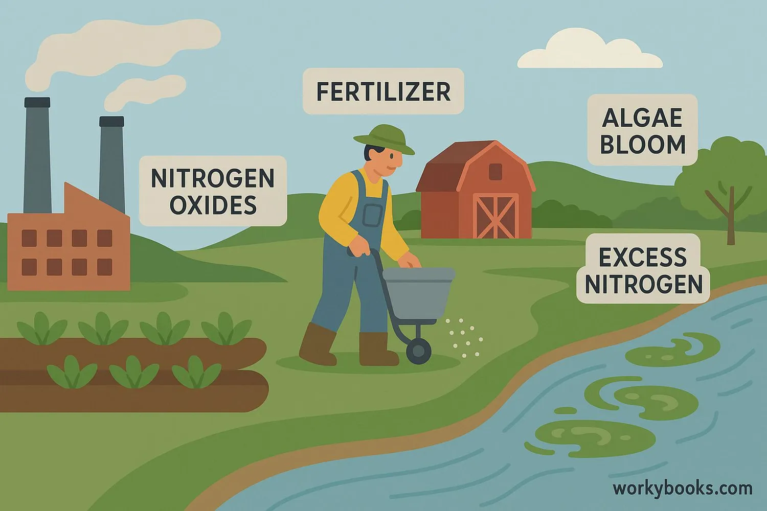 Illustration showing factory pollution, farm fertilizer runoff, and effects on water ecosystems