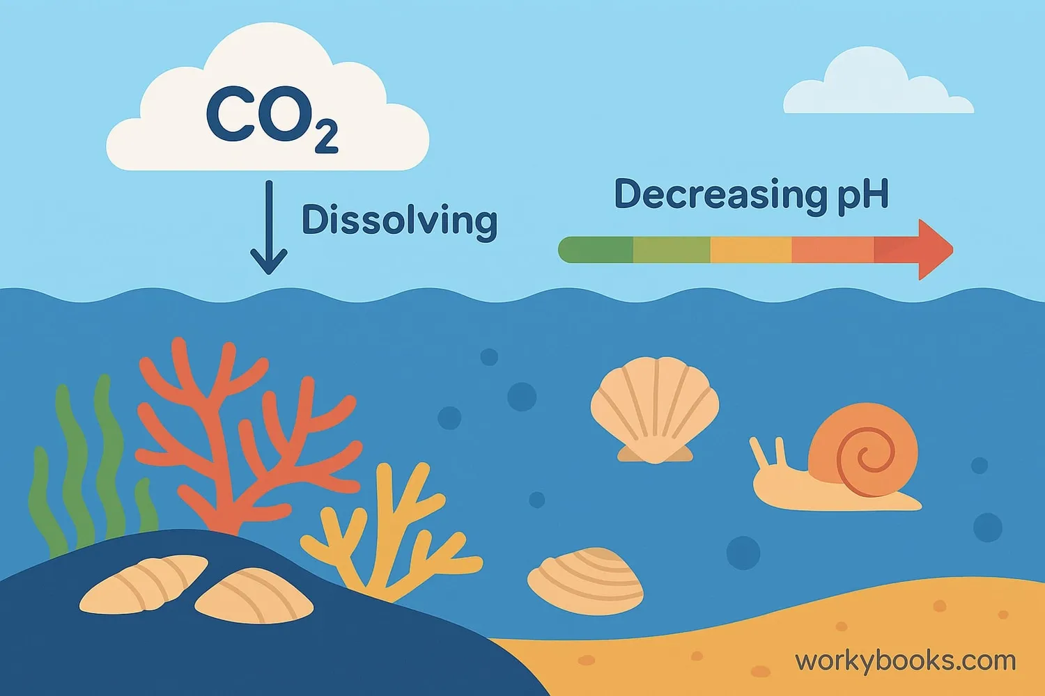 Visual representation of ocean acidification showing CO2 entering the ocean and changing its chemistry
