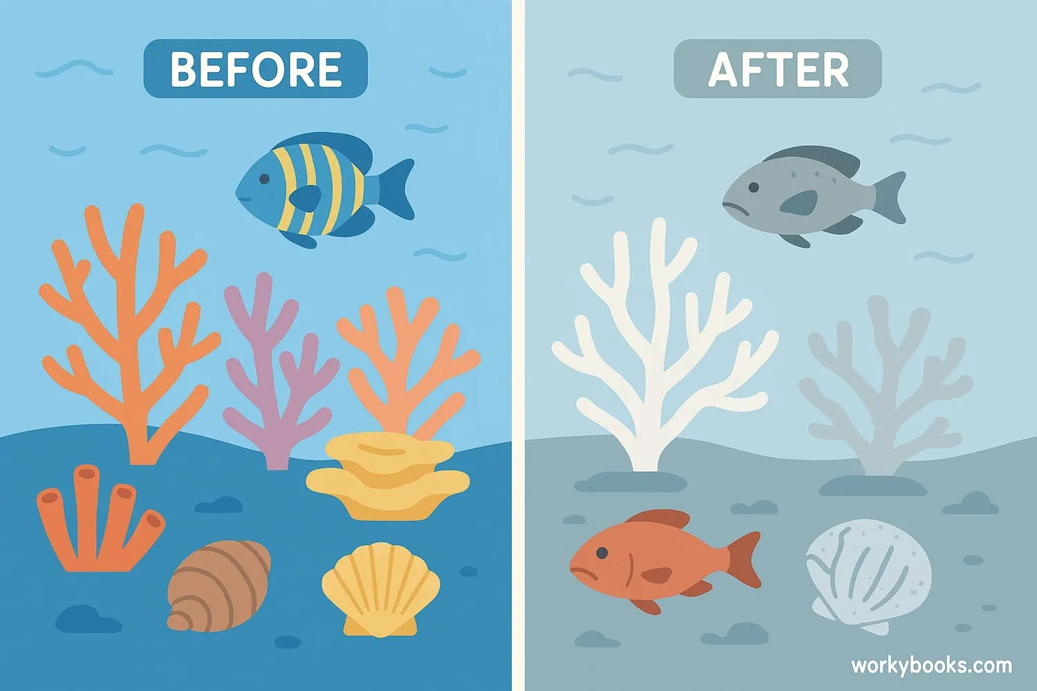 Illustration showing impacts on marine organisms - dissolving shells, bleached corals, and affected fish