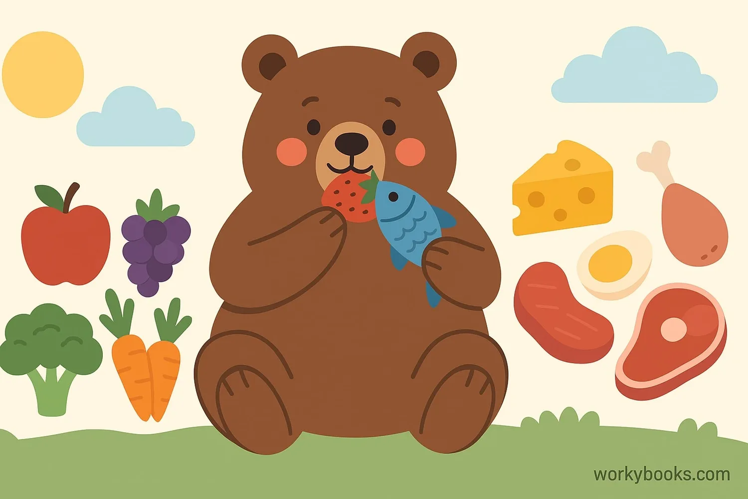 Visual representation of an omnivore diet showing both plants and animals