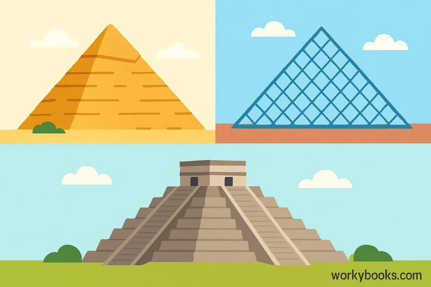 Collage showing the Great Pyramid of Giza, Louvre Pyramid, and Chichen Itza