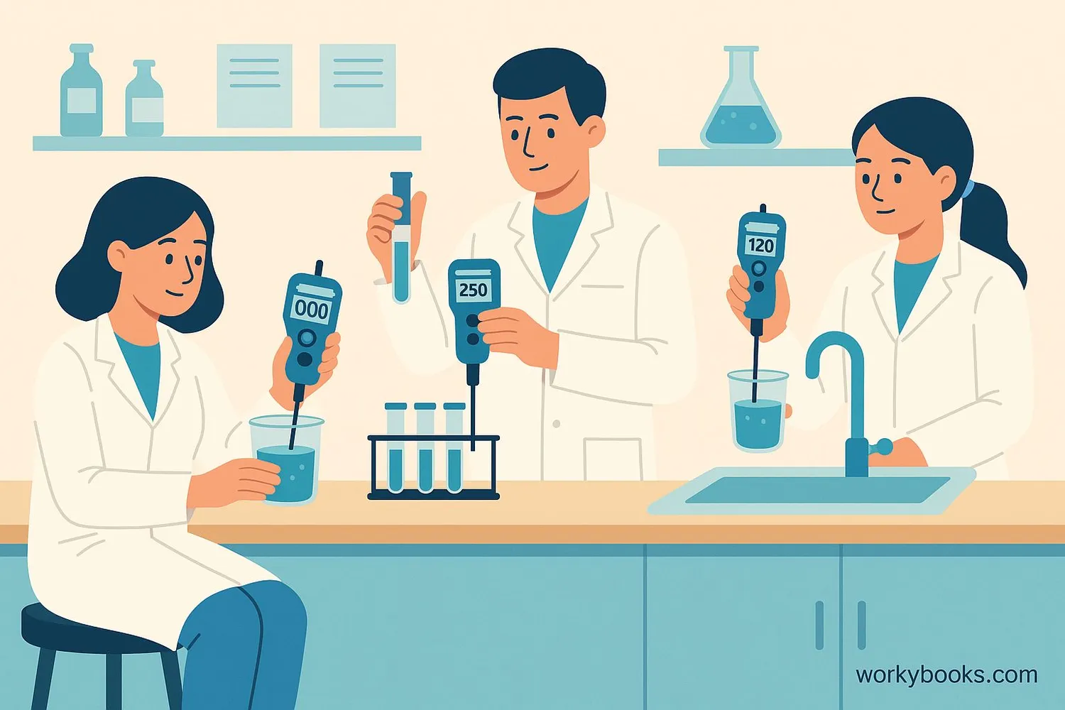 Scientists measuring water quality using instruments