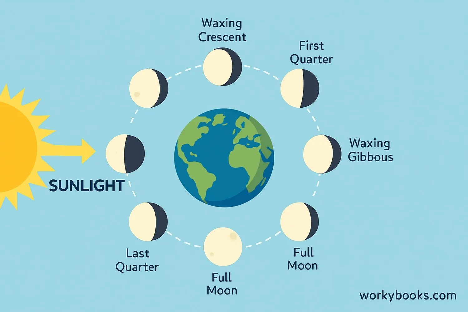 Diagram showing moon orbiting Earth with sunlight