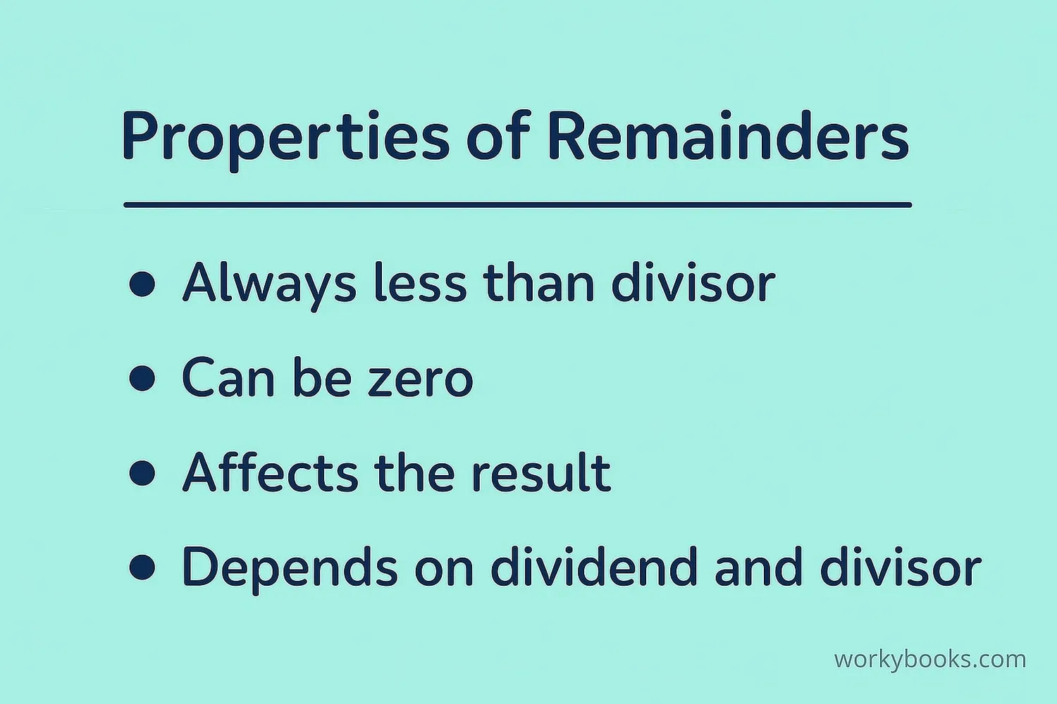 Visual showing remainder properties: always less than divisor, can be zero, etc.