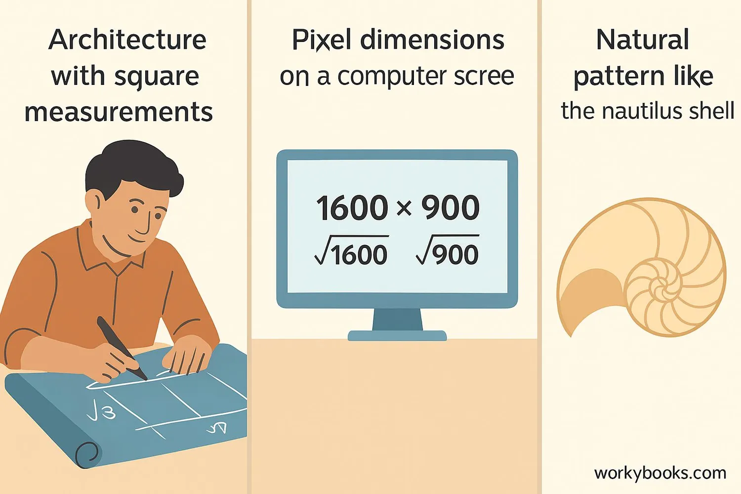 Examples of square roots in real life: architecture, computer screens, and nature patterns