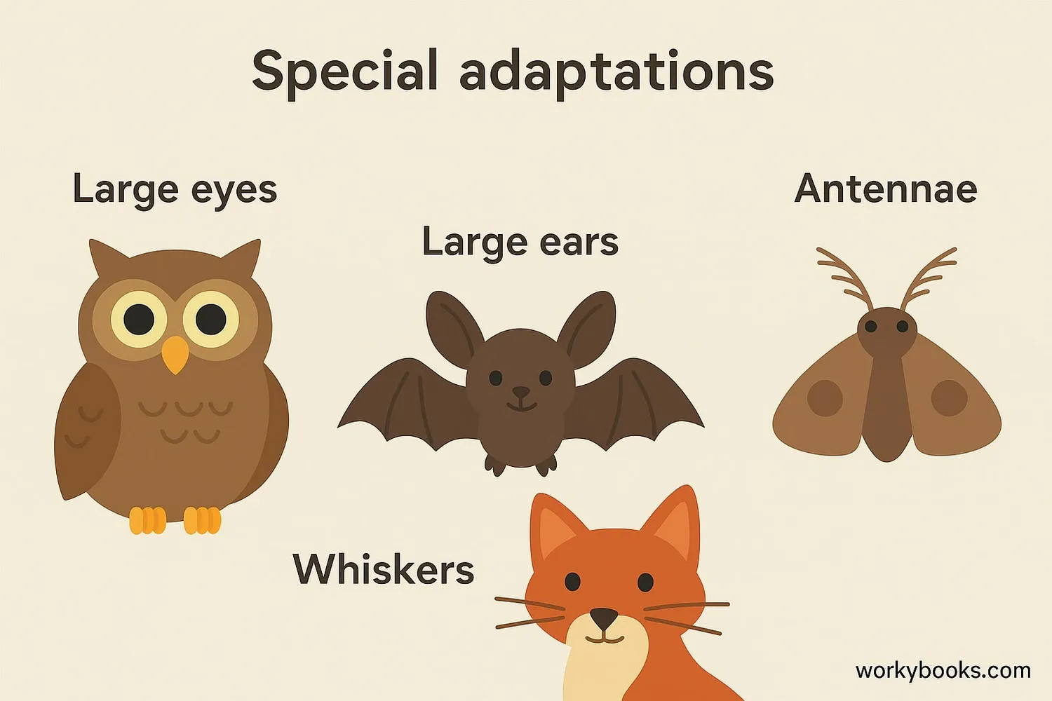 Illustration showing the special adaptations of nocturnal animals like large eyes, sensitive ears, and whiskers