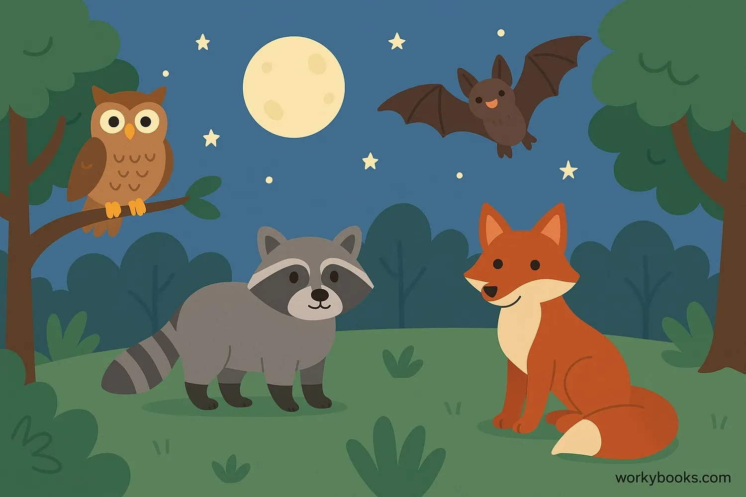 Illustration showing a moonlit forest with various nocturnal animals active at night