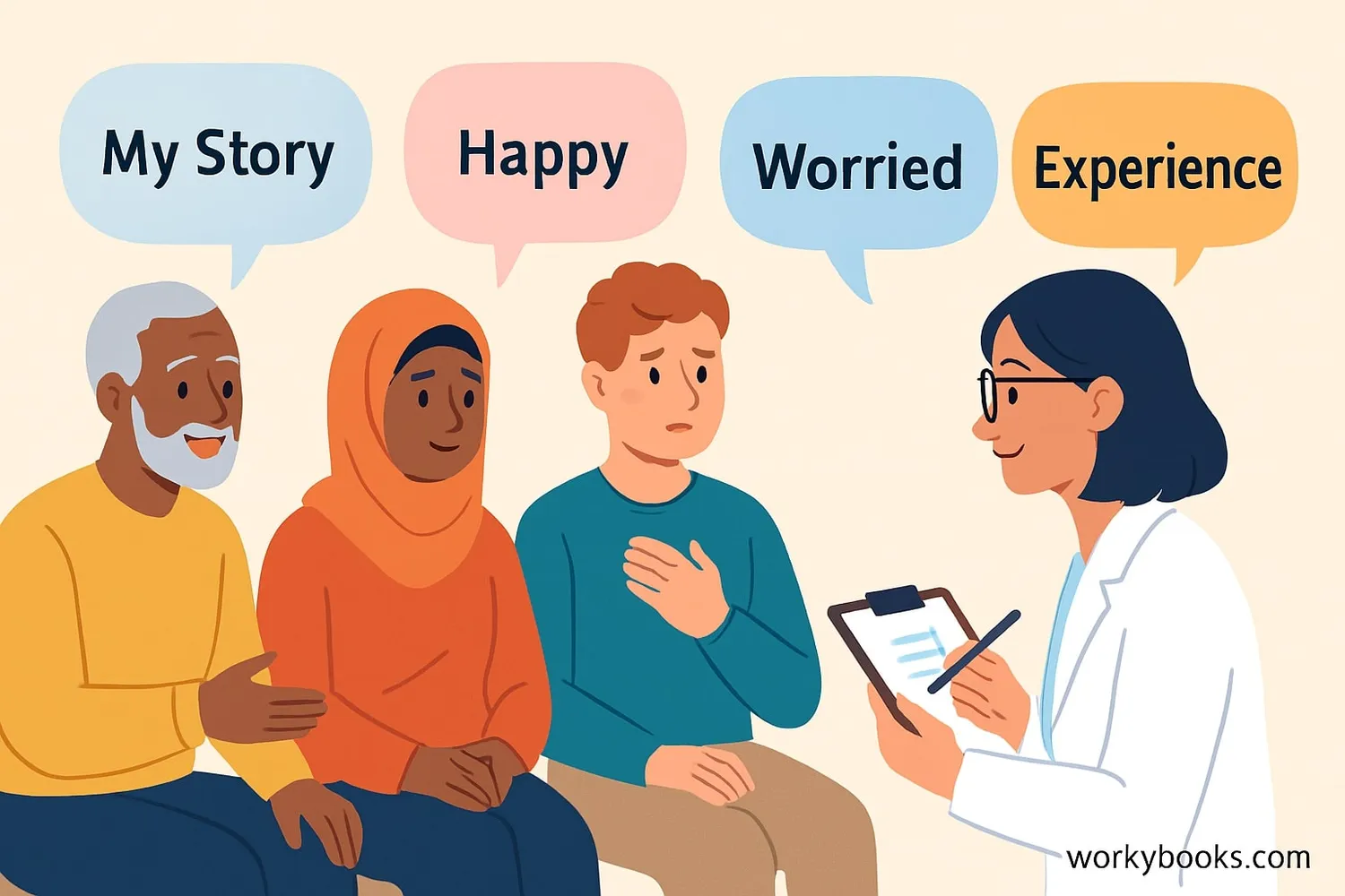 Illustration showing people sharing stories and experiences with a researcher