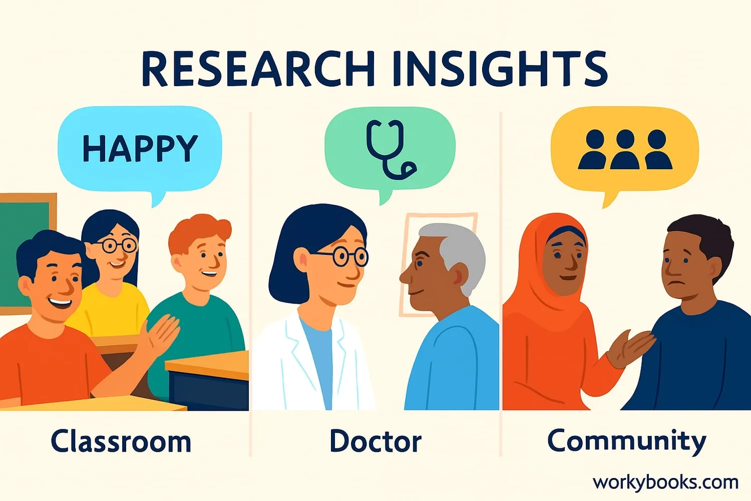 Illustration showing research improving education, healthcare, and community programs