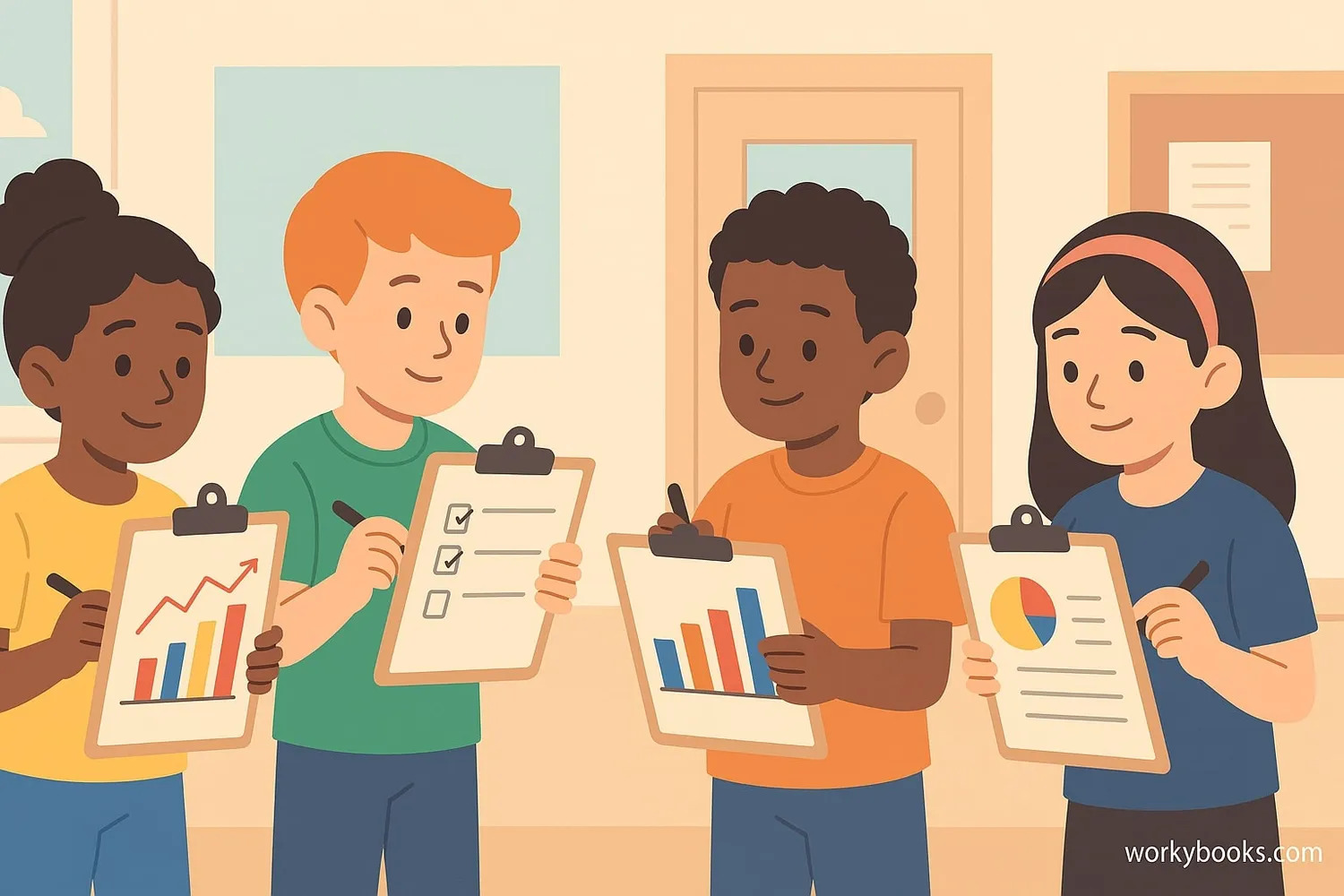 Visual representation of data collection: Kids gathering information with clipboards and charts