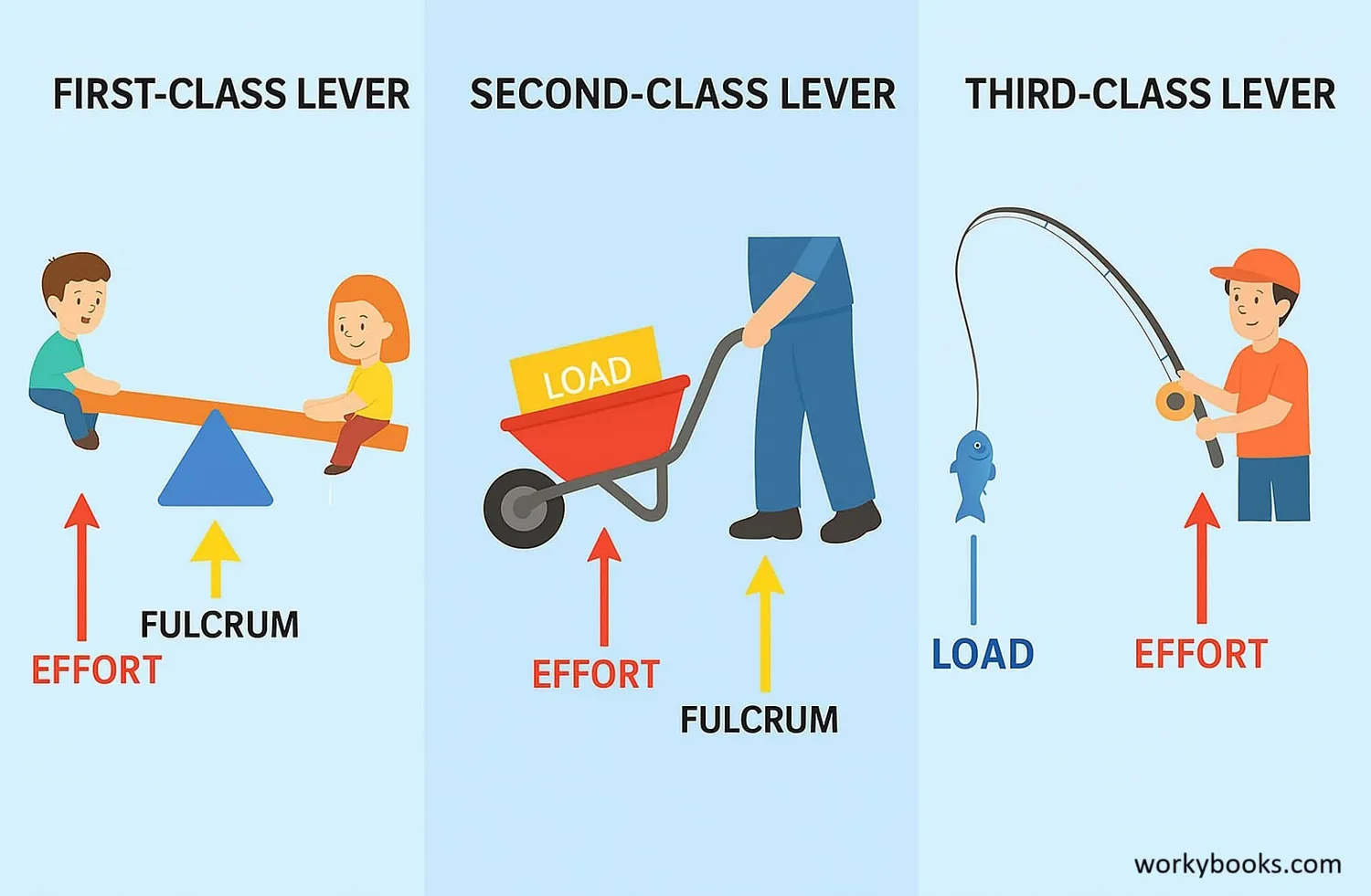 Diagram showing the three classes of levers