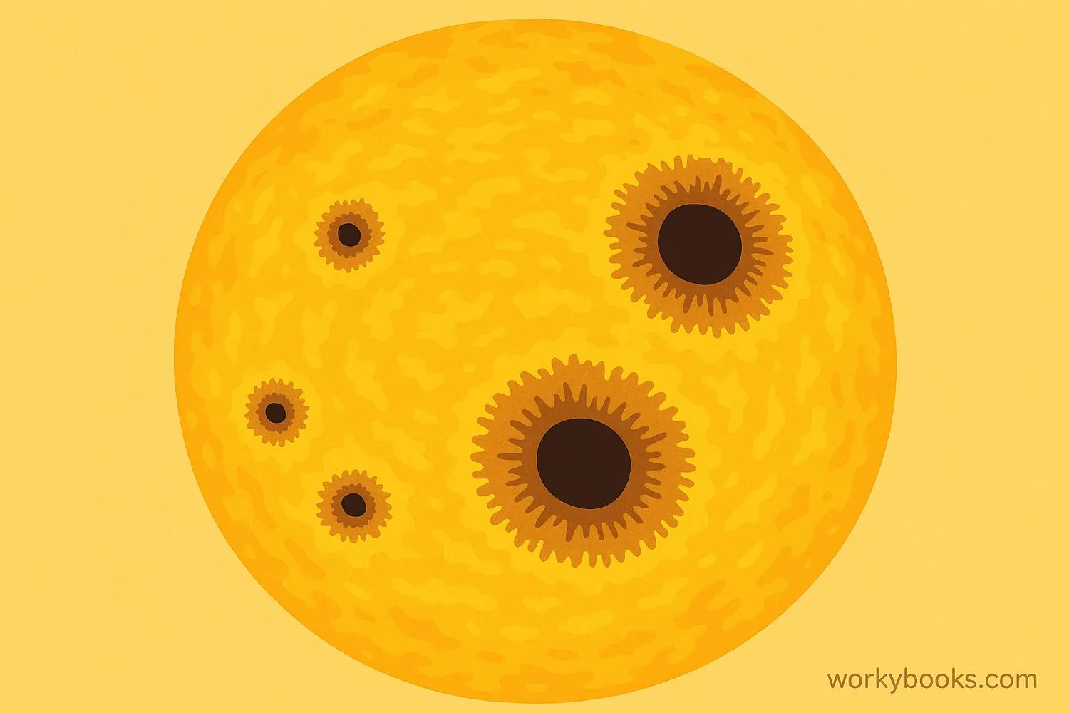 Close-up view of the Sun's surface showing dark sunspots with lighter surrounding areas