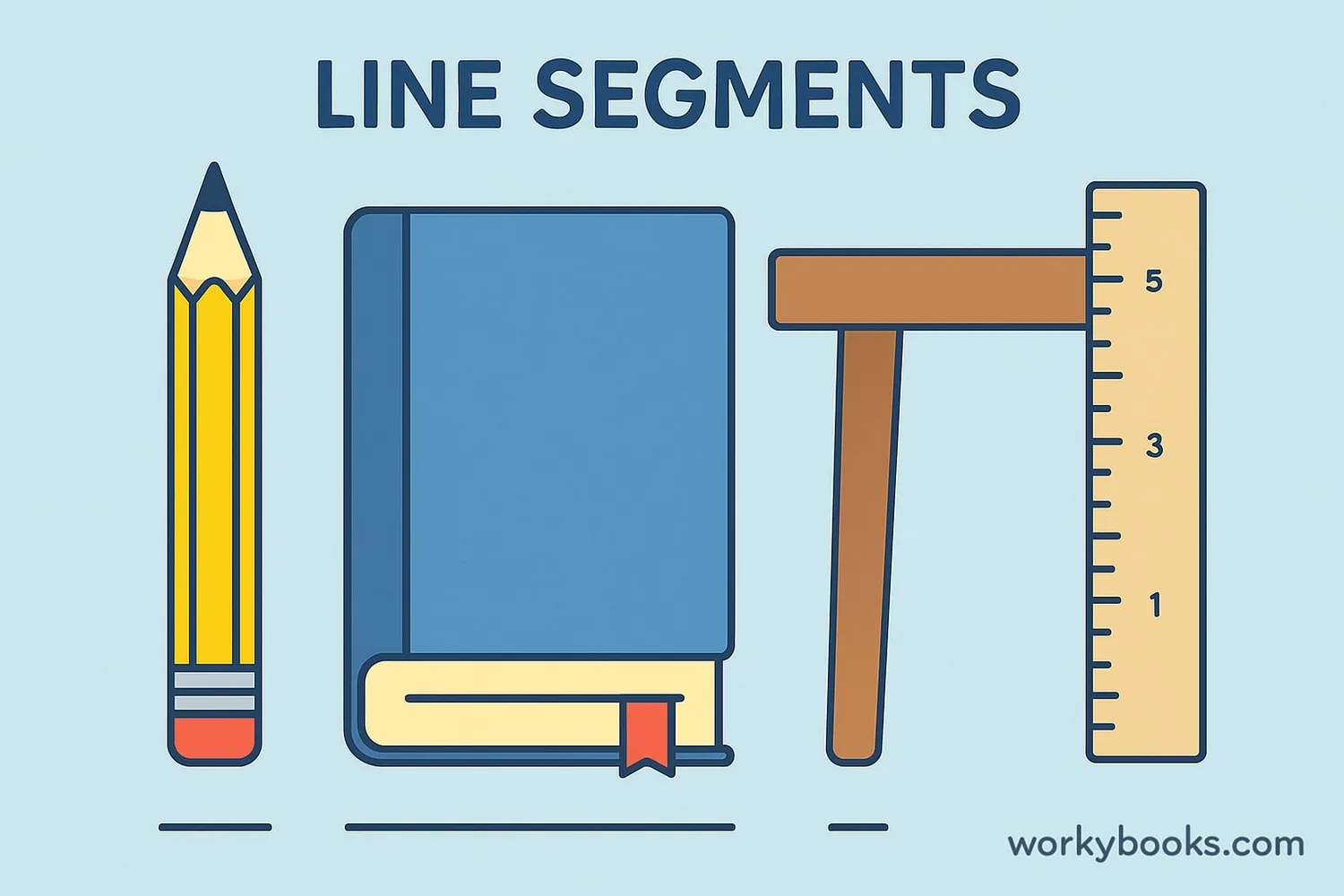 Collection of real-world objects that represent line segments: pencil, book edge, table side, ruler