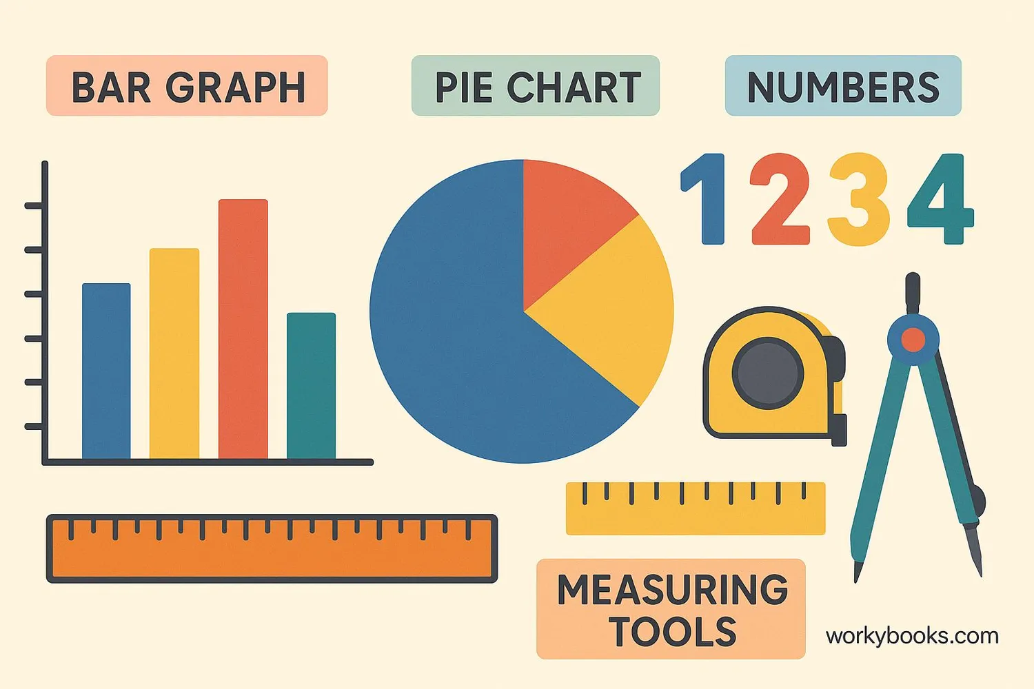 Collage showing different statistics concepts: bar graph, pie chart, numbers, and measuring tools
