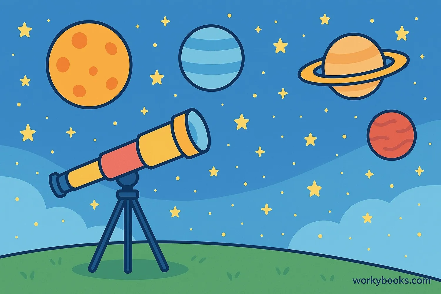 Illustration showing a telescope pointing at the night sky with stars and planets visible