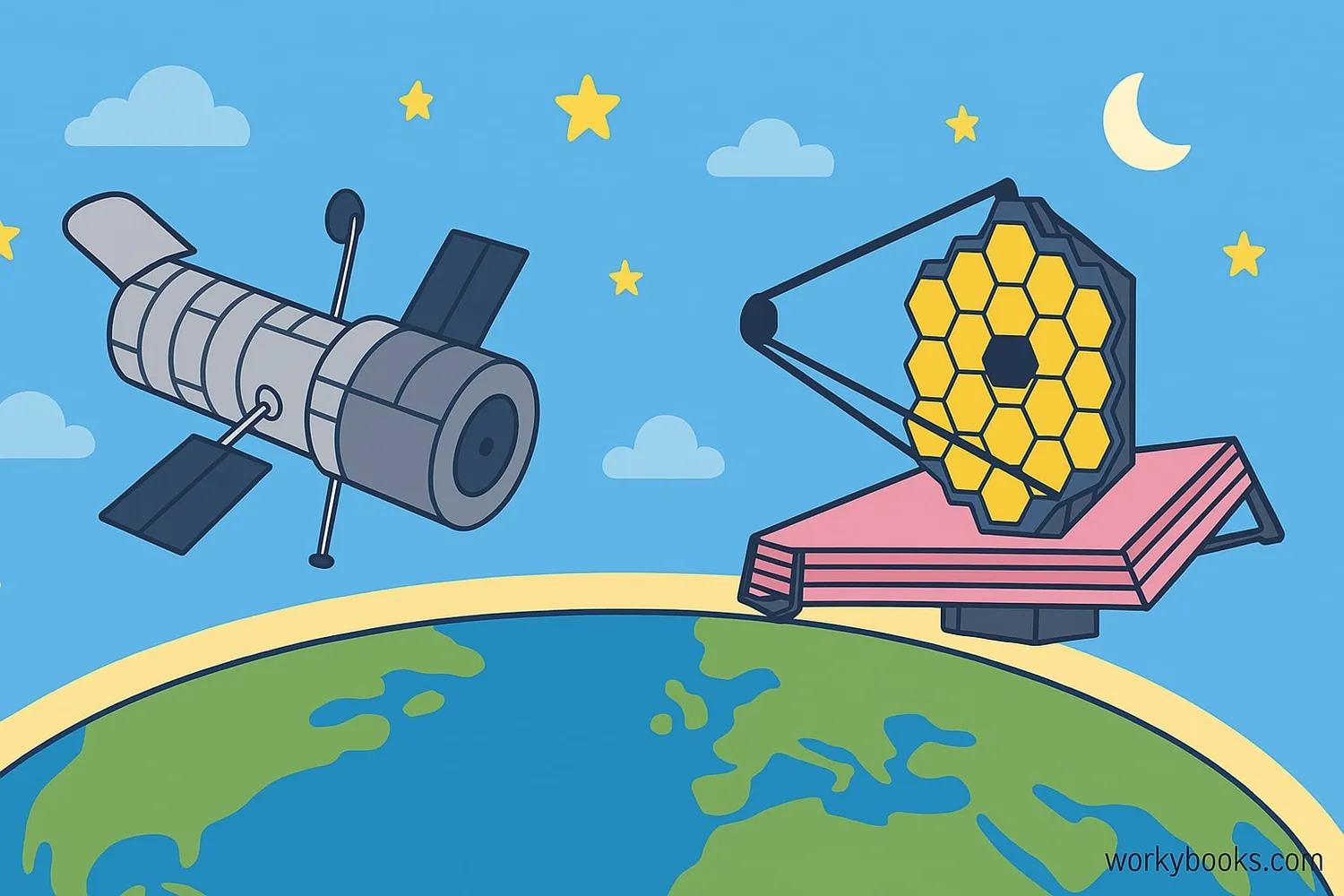 Illustration of Hubble and James Webb space telescopes in orbit