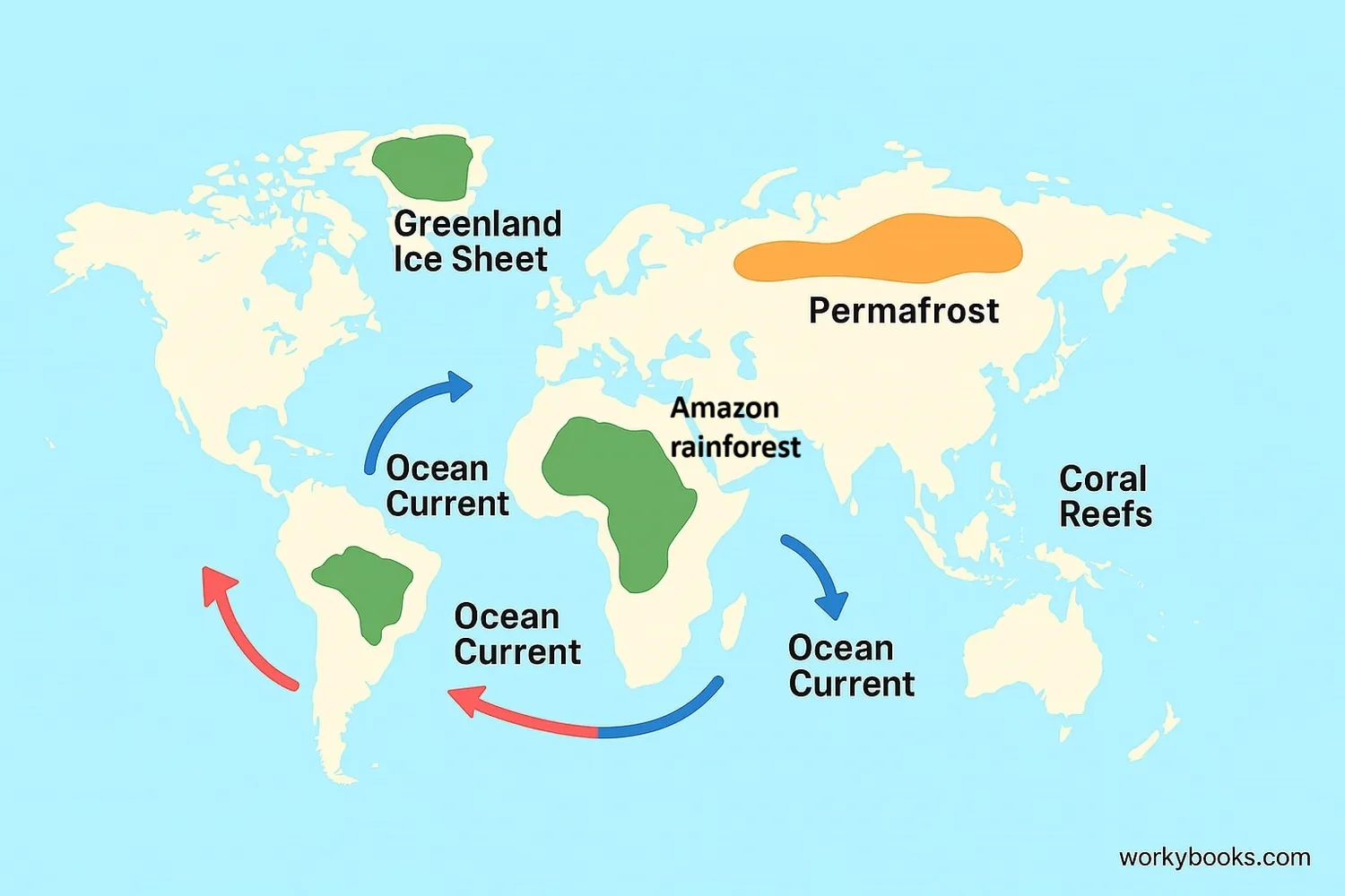 Illustration of major climate tipping points around the world