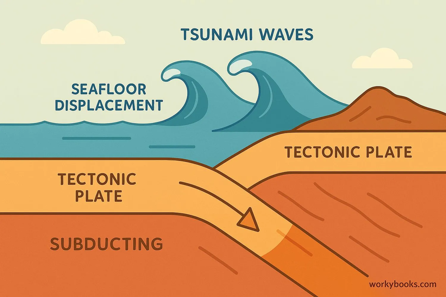Diagram showing tectonic plates shifting and causing displacement of water